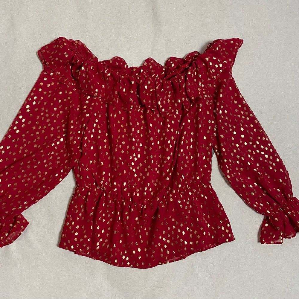 Vince Camuto NWT New Vince Camuto Red Off the Shoulder Foil Chiffon Blou Size XS / US 0-2 / IT 36-38 - 6 Thumbnail