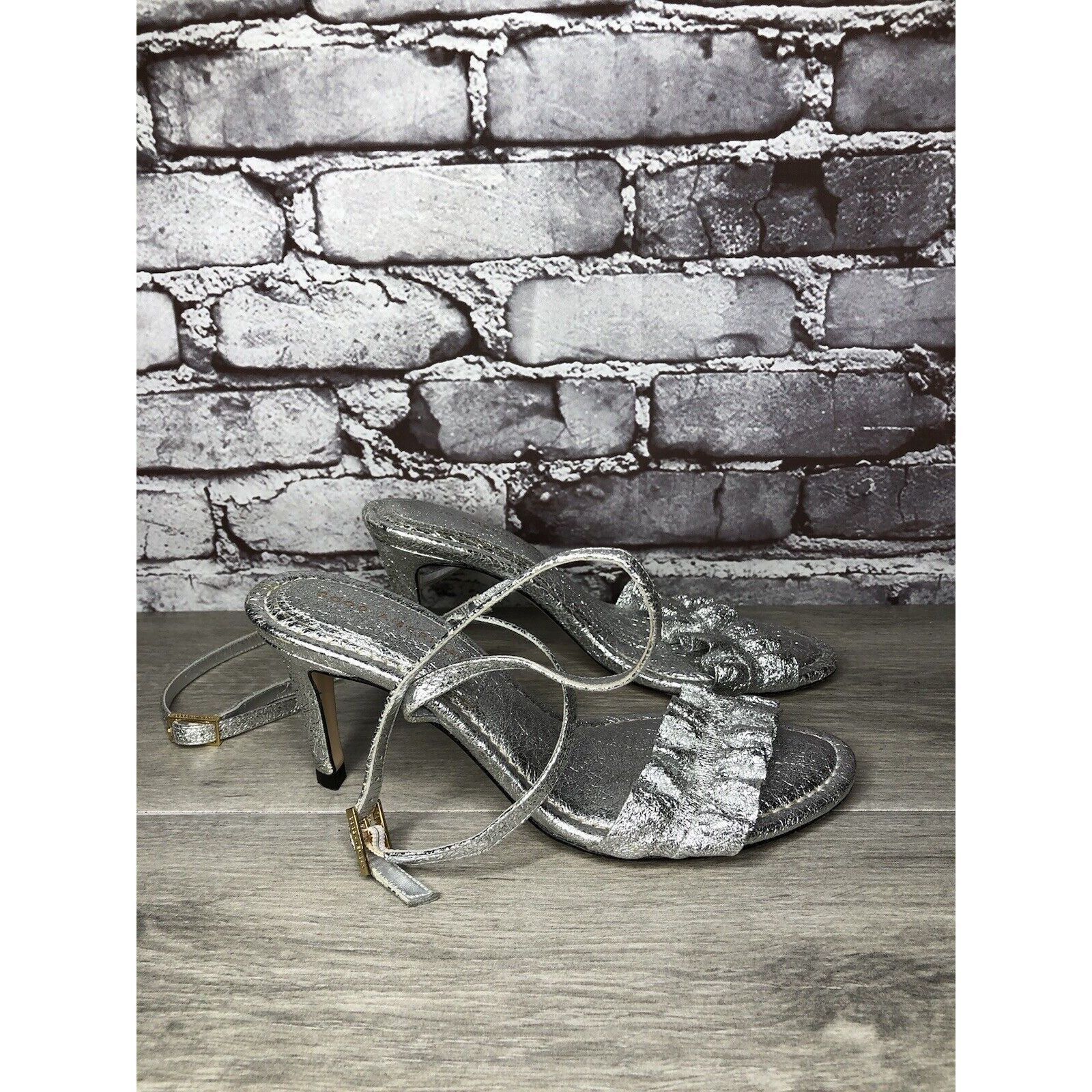 Other GOOD AMERICAN Metallic Silver Leather Strap Heeled Sandals W Size US 7 / IT 37 - 3 Thumbnail