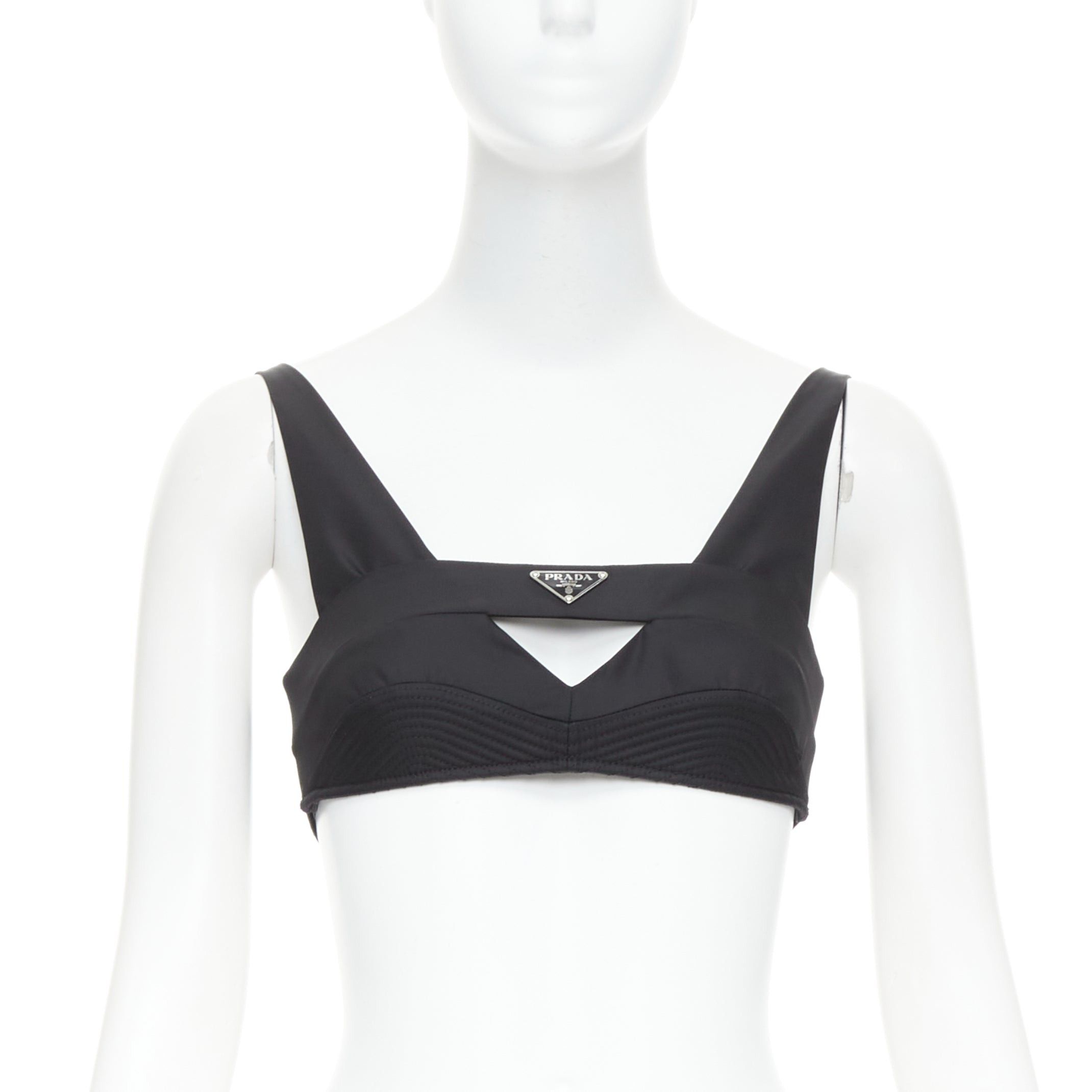 PRADA Re-Nylon black triangle logo cut out contour seam crop top bralette IT36 XS