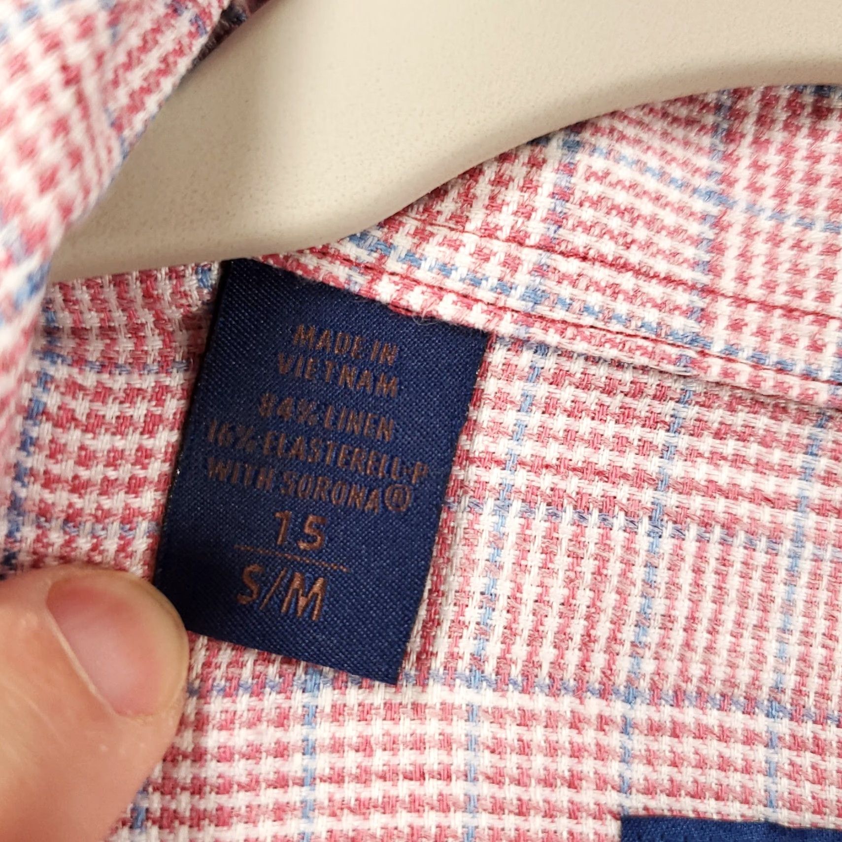 David Donahue David Donahue Mens Button-Up Shirt Linen Houndstooth Small Fold Collar Pocket Breathable Classic Denim? Size US S / EU 44-46 / 1 - 5 Thumbnail