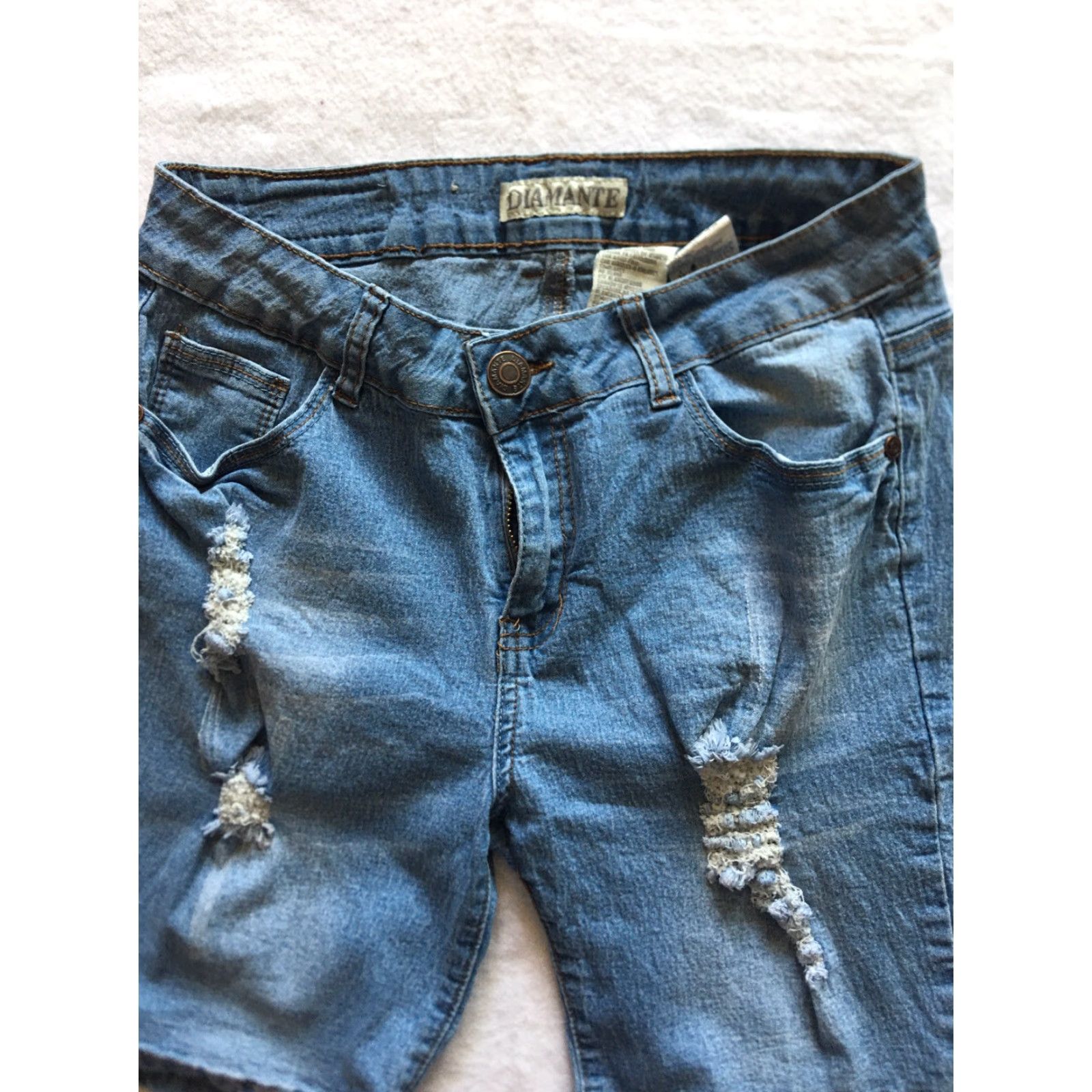 Vintage Diamante Jeans Shorts Bermuda Women’s Size 11 Distressed Blue /B7 Size 32" / US 10 / IT 46 - 2 Thumbnail