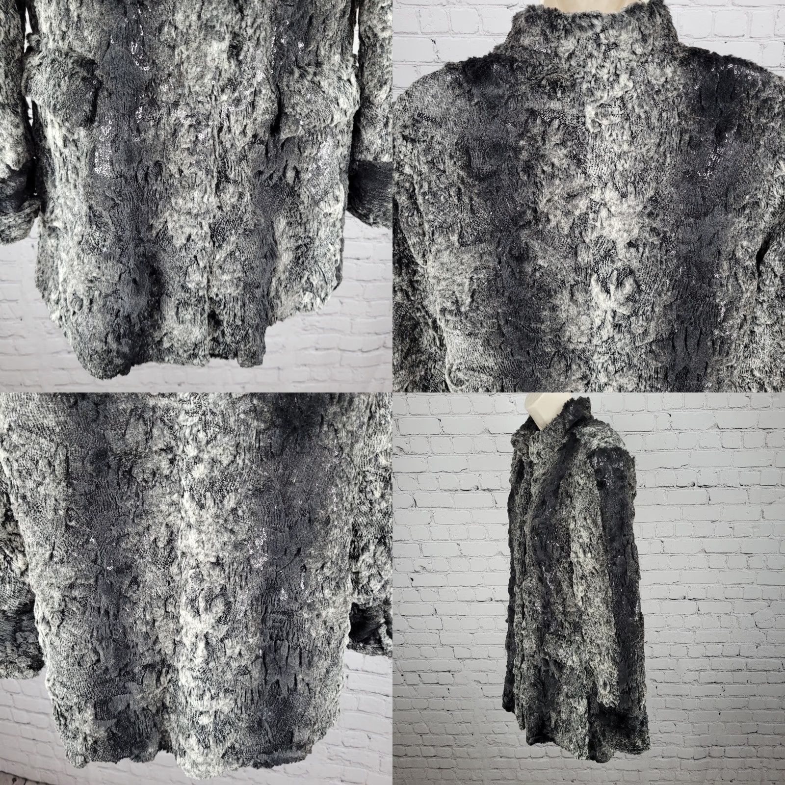 Vintage Stevie Mac New York Grey Faux Fur Sequin Pockets Snap Lined Over Coat Womens Size L / US 10 / IT 46 - 8 Thumbnail