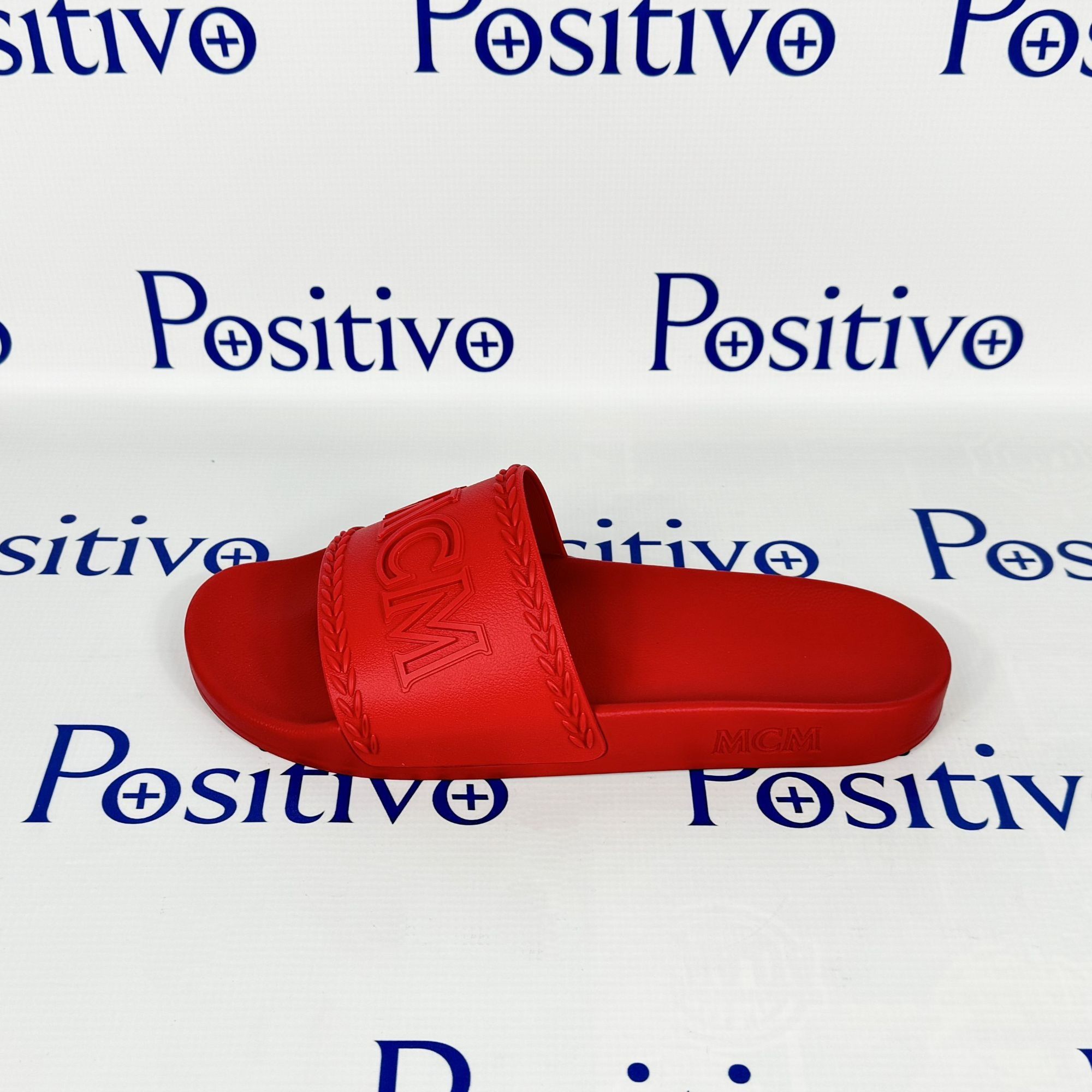 image of MCM Mens Red Big Logo Rubber Slides Us 11 Eu 44