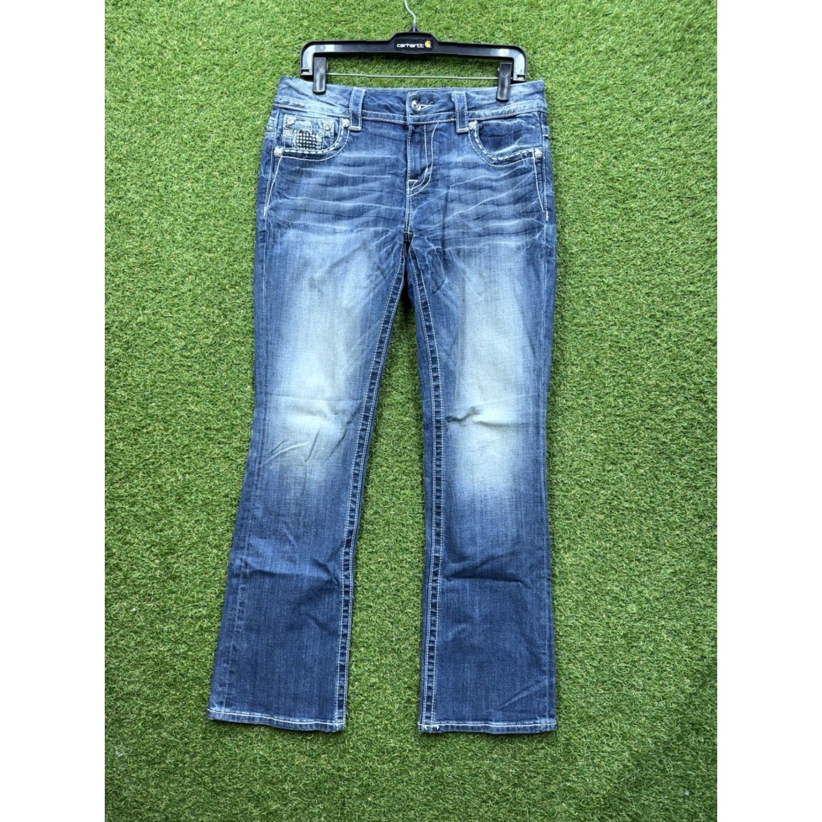 Miss Me VINTAGE Miss Me Jeans Womens 29 Blue Mid Rise Easy Boot Medium Wash Studded Buckle Bling Size 29" - 2 Thumbnail