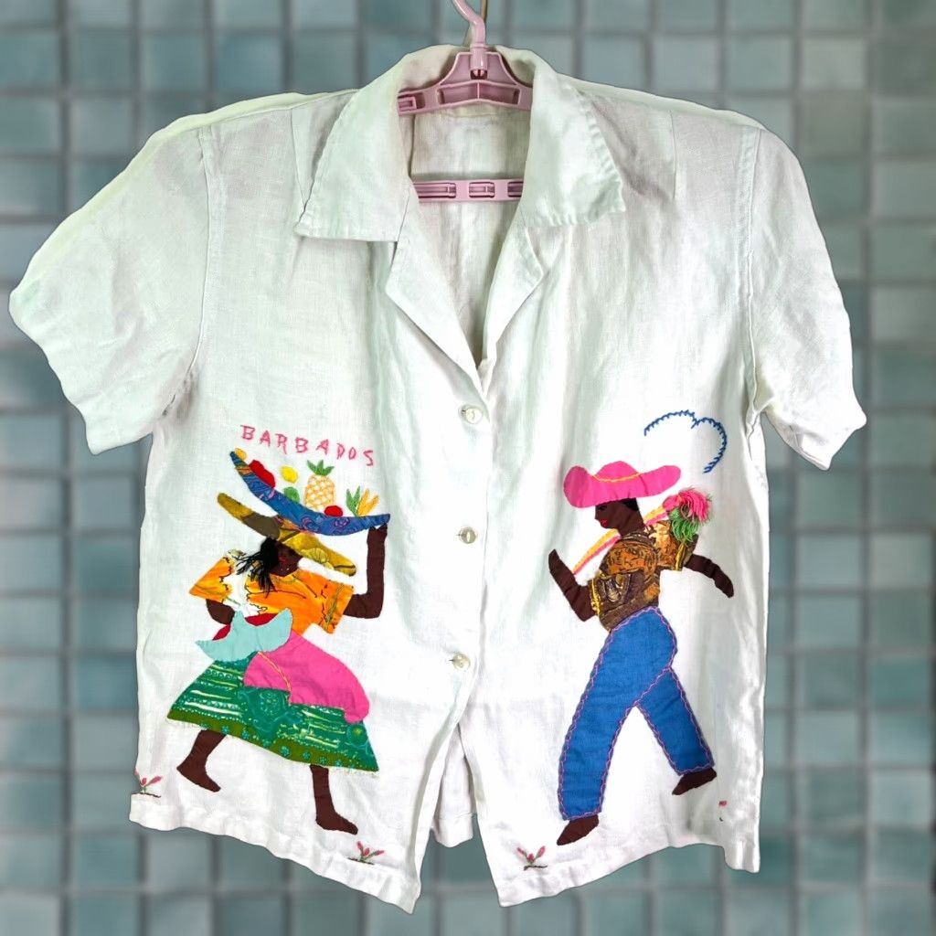 Vintage VINTAGE Handmade Barbados White Linen Embroidered Short Sleeve Button-Up Shirt Size L Relaxed Fit Island Life Womens Size 36" / US 14 / IT 50 - 1 Thumbnail