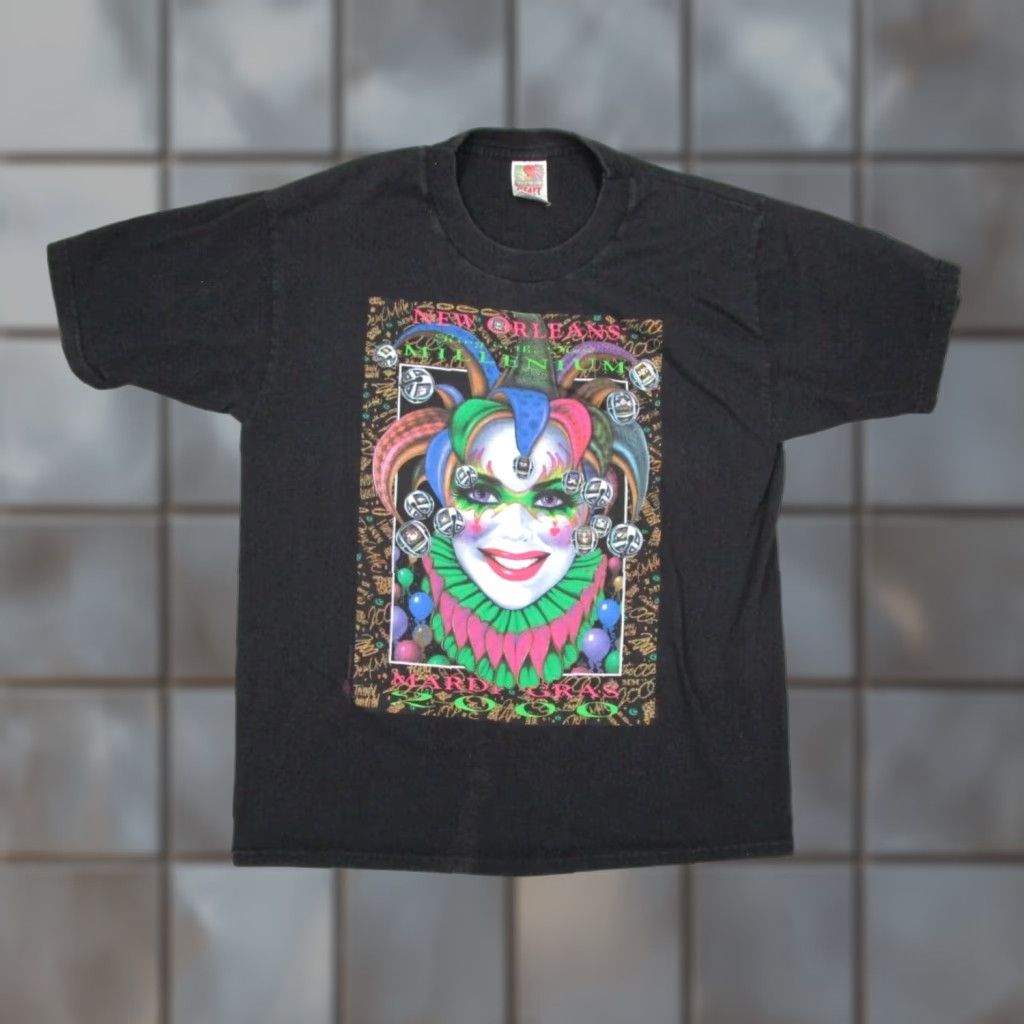 Fruit Of The Loom Vintage Fruit of the Loom Shirt Mens Large Black Mardi Gras 2000 Millennium 90s Retro T-Shirt Size US L / EU 52-54 / 3 - 1 Thumbnail