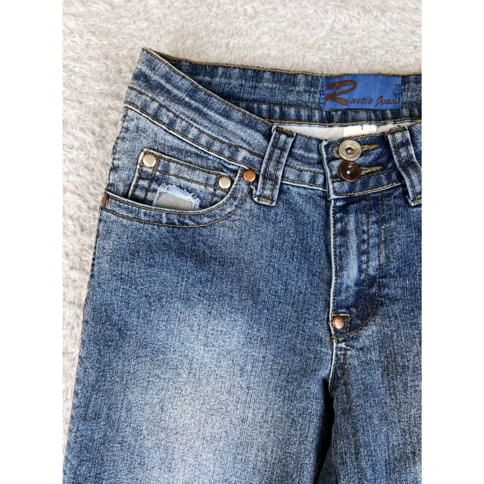Denime Rustic Jeans Blue Denim Cropped Straight Jeans Womens 1 Stretch Patches Distressed Classic Western Style 5-Pocket Size 25" / US 0 / IT 36 - 6 Thumbnail