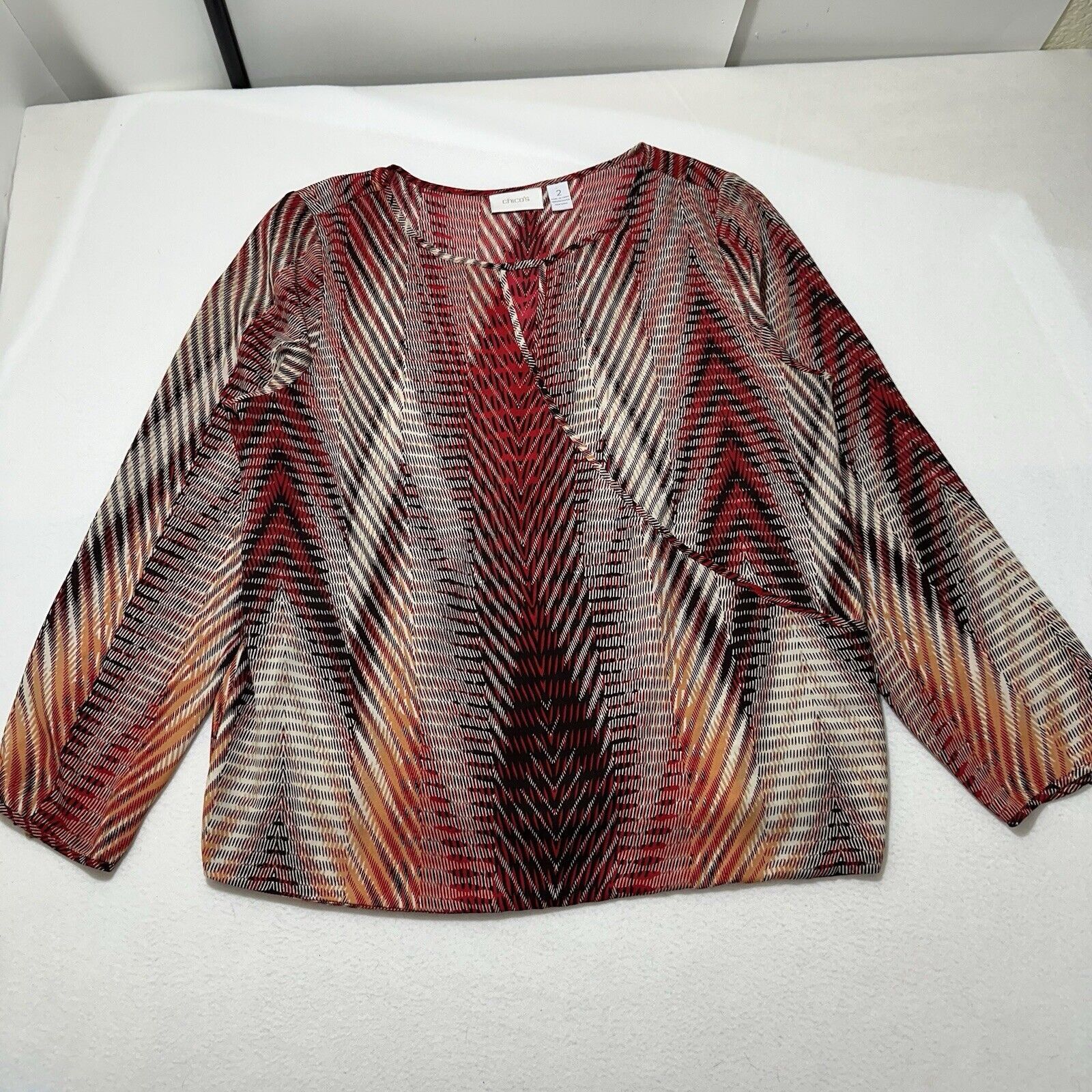 Chicos Chico’s 2 Large Long Sleeve Blouse Red Patterned Top Size L / US 10 / IT 46 - 1 Thumbnail