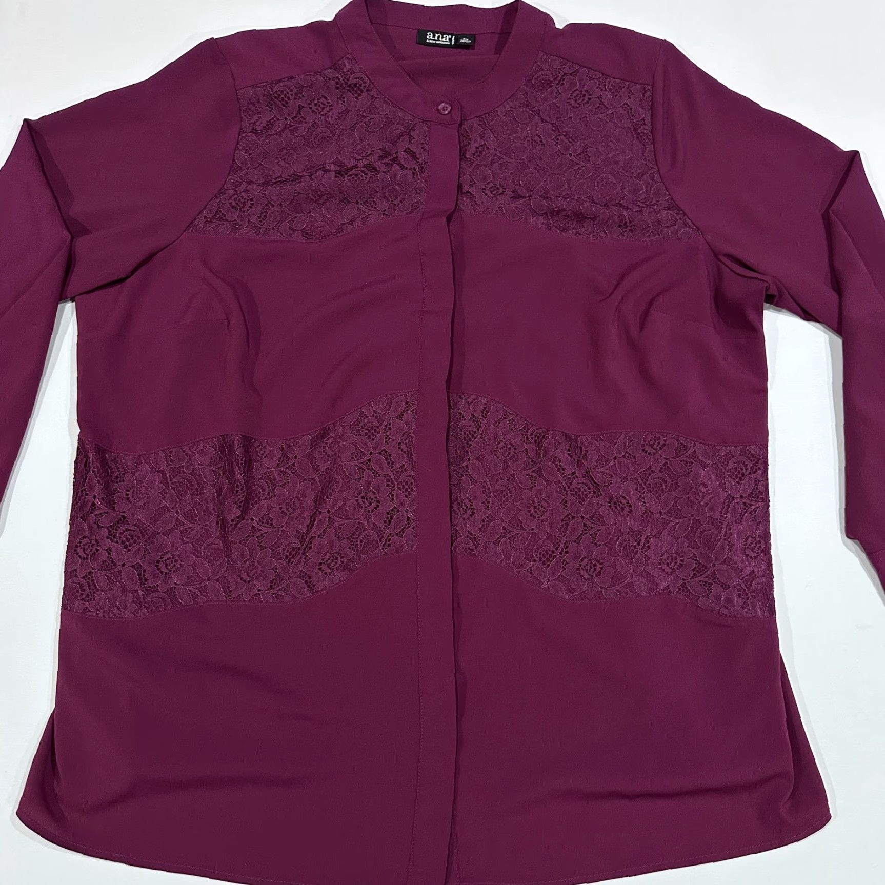 Vintage ANA Blouse Womens Plus 2X Purple Tunic Collared Lace Panel Long Sleeve Feminine Vintage: No (remove) Size XXL / US 16-18 / IT 52-54 - 3 Thumbnail