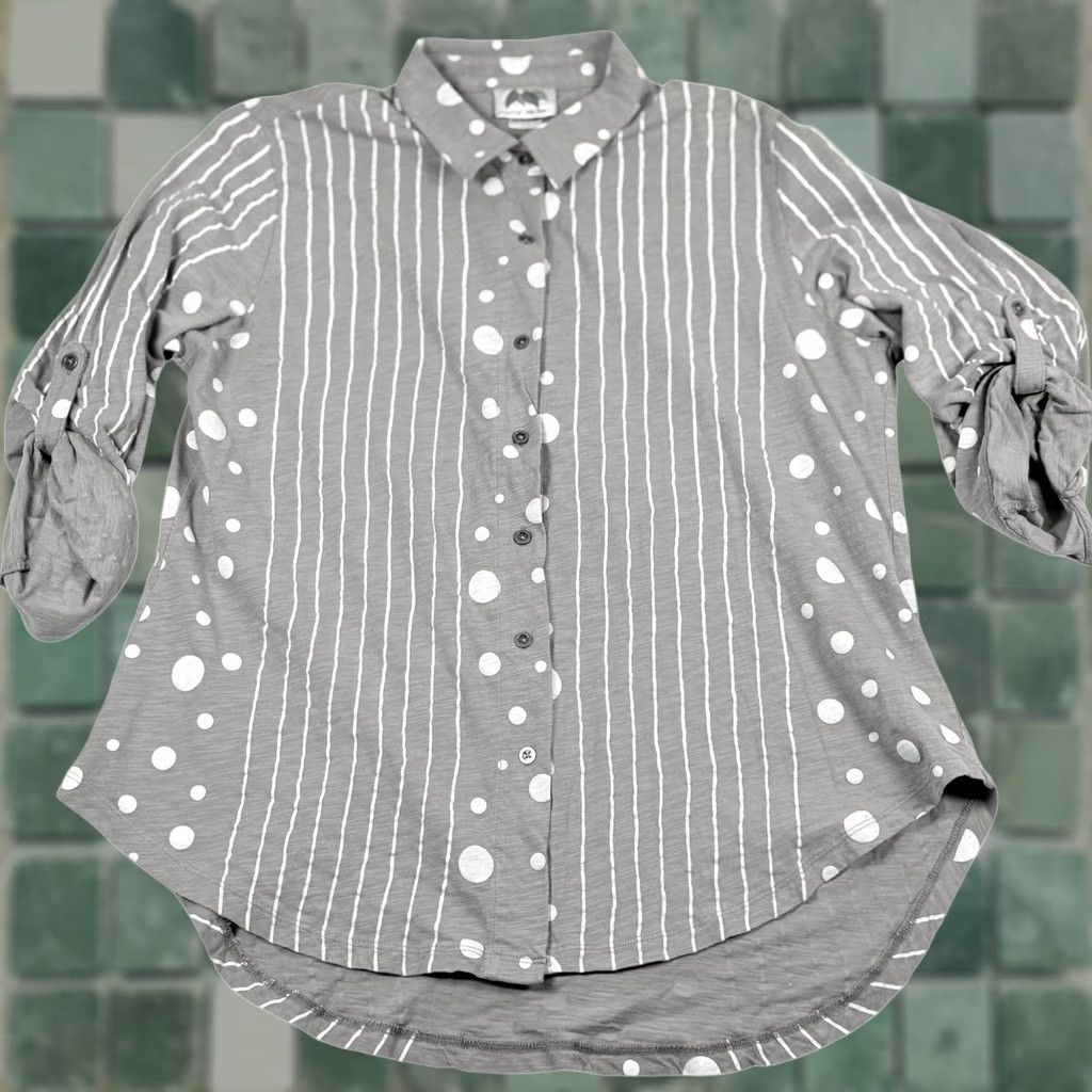 Vintage VINTAGE Wild Palms Tunic Top Large Polka Dot Stripe Button Front 3/4 Roll Tab Sleeve Size L / US 10 / IT 46 - 1 Thumbnail