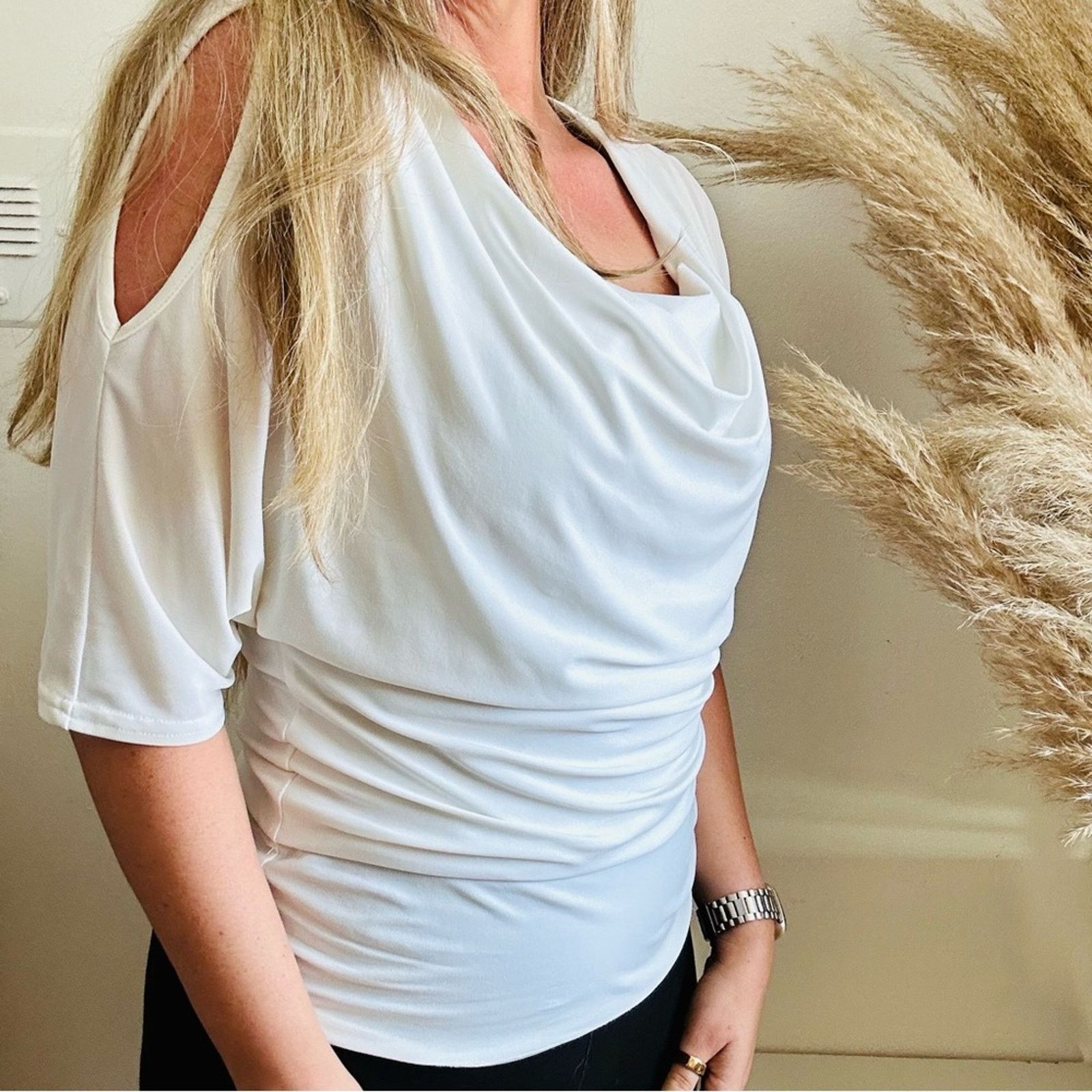 Joseph Ribkoff JOSEPH RIBKOFF White Ruche Cold Shoulder Blouse Shirt Top Size M / US 6-8 / IT 42-44 - 3 Thumbnail