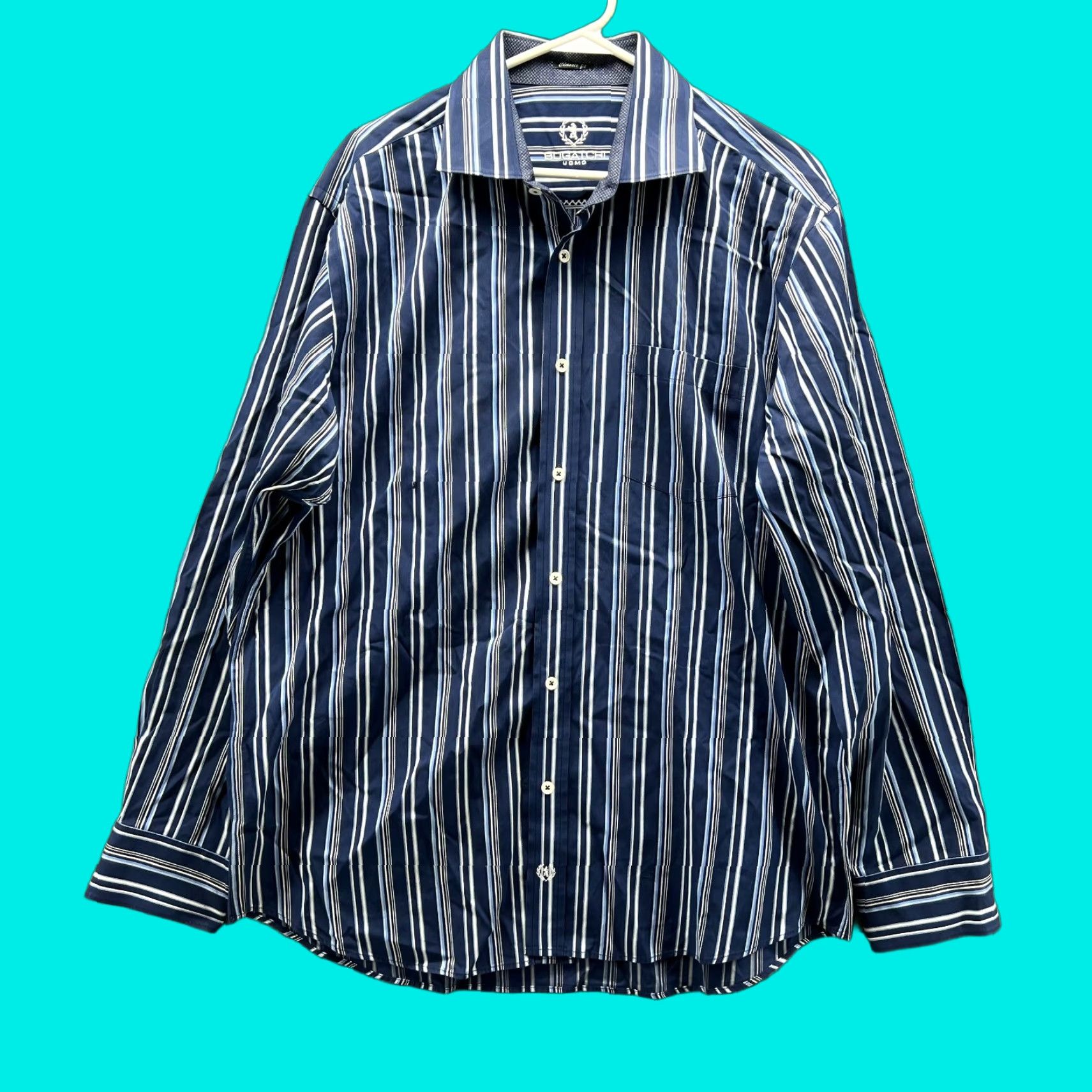 BUGATCHI VINTAGE Bugatchi Uomo Shirt Men XXL Adult Blue Navy Striped Button-Down Classic Fit Long Sleeve Collared Button-Up All Seasons Size US XXL / EU 58 / 5 - 1 Thumbnail