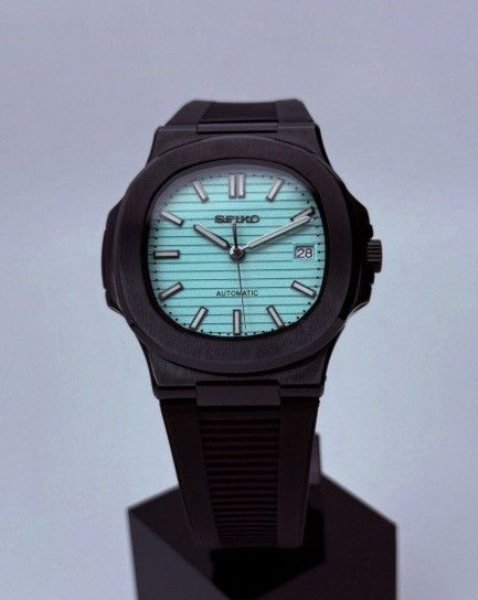 Japanese Brand Seiko Mod Nautilus Tiffany Blue Dial Black Steel Watch 41mm Size ONE SIZE - 1 Thumbnail