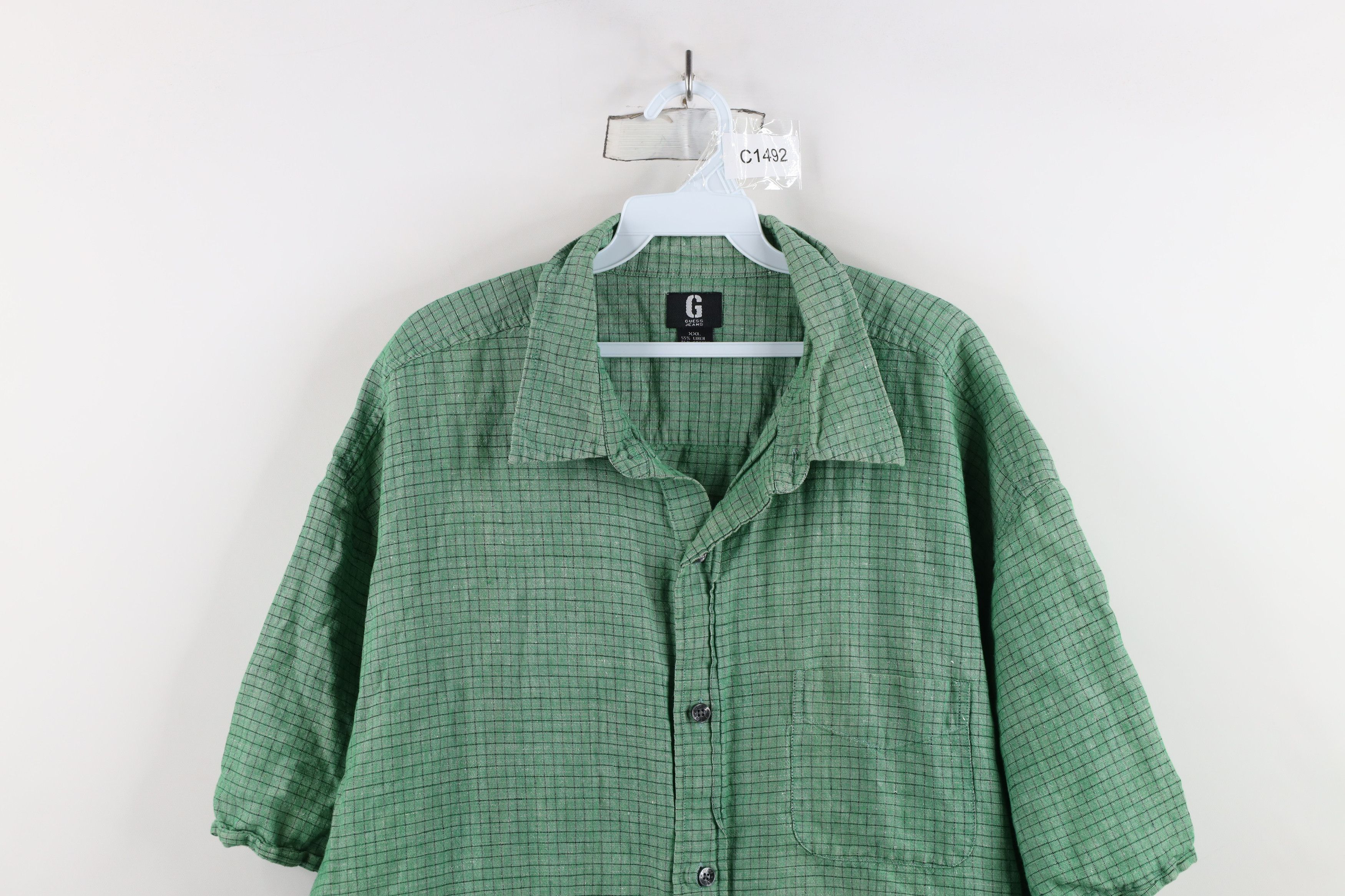 Guess × Vintage Vinage 90s Guess Linen Short Sleeve Button Shirt Green Plaid Size US XXL / EU 58 / 5 - 2 Thumbnail