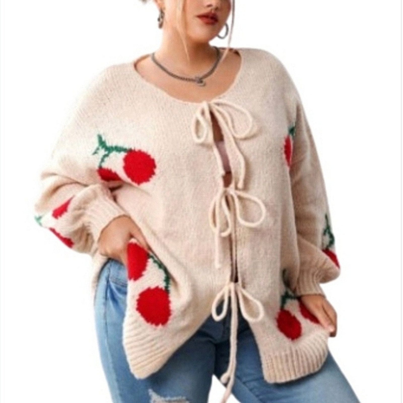 Shein JUICY CHERRIES ☆ TIE FRONT ☆ PEACHY CREAM CARDIGAN 22w ☆ NWT Size 3XL / US 20-22 - 5 Thumbnail