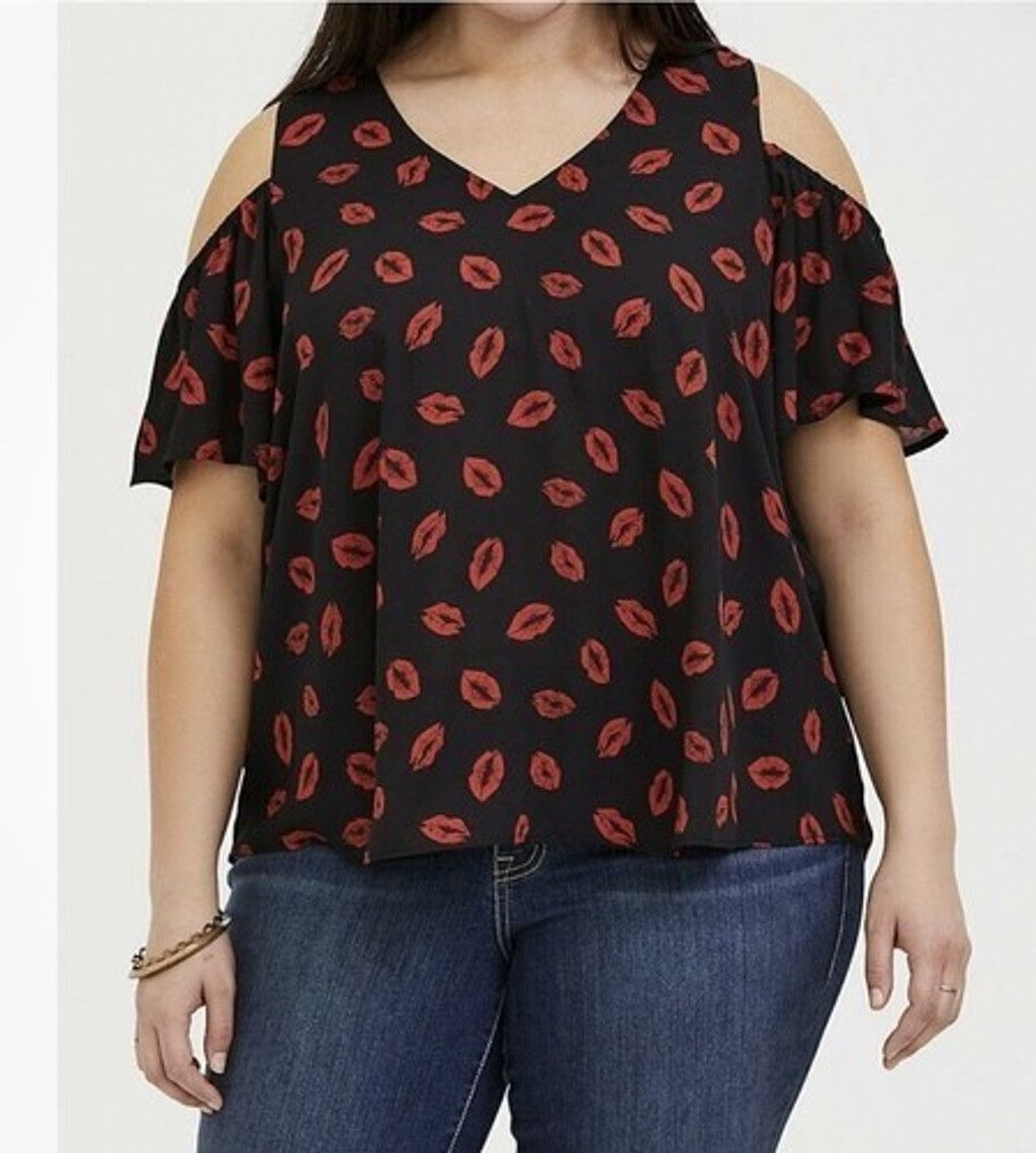 Torrid NWOT Torrid Lips Print Cold Shoulder V-Neck Blouse Women 2X Size ONE SIZE - 9 Thumbnail
