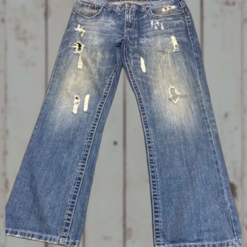 Decree VINTAGE Decree Jeans Mens 34x32 Bootcut Distressed Embroidered Back Pockets 5-Pocket Design Slim Straight 34 Blue Cotton Denim Jeans Mens Size US 34 / EU 50 - 1 Thumbnail