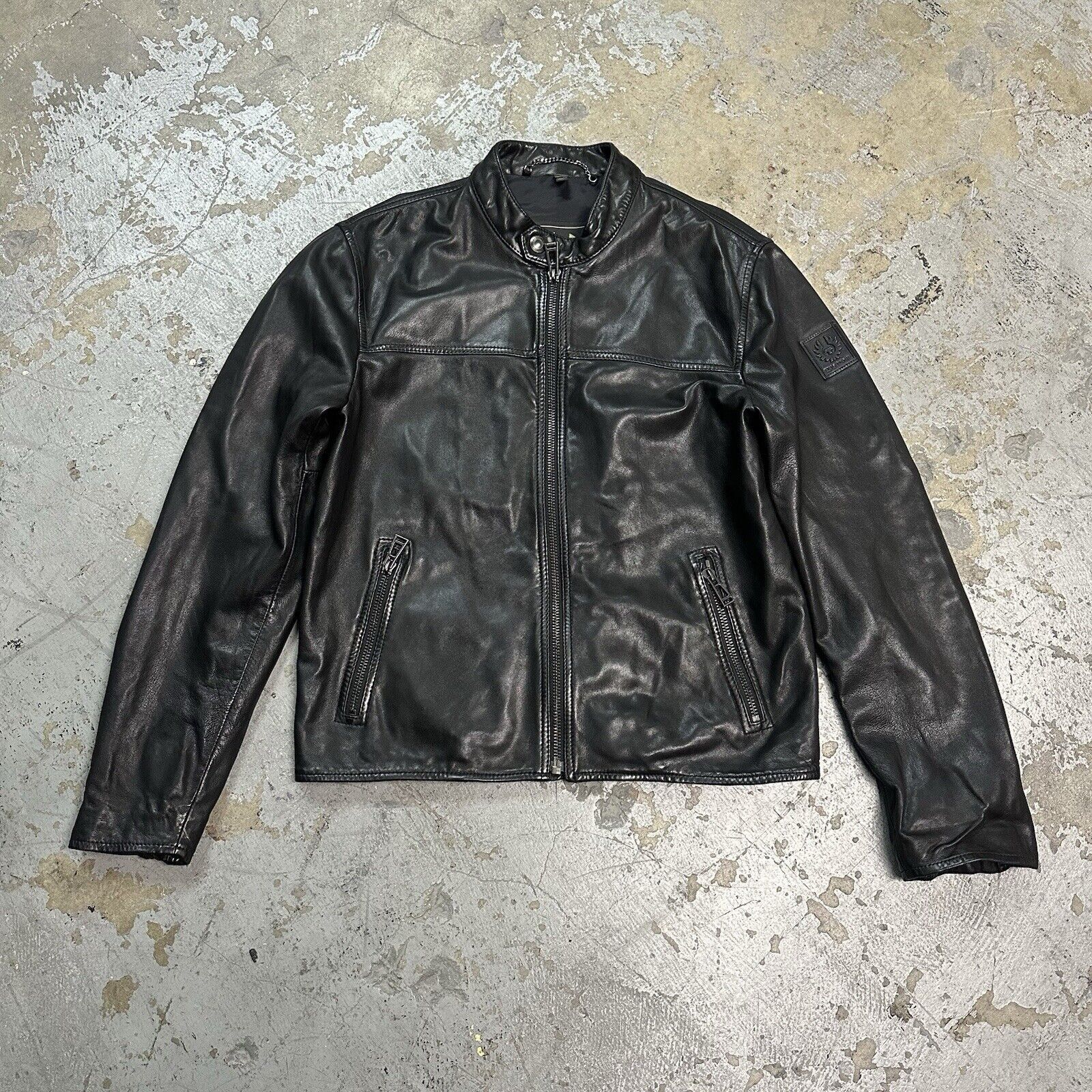 Belstaff Cafe Racer Biker Black Leather Jacket Size 40