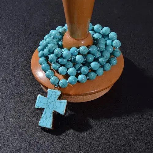 Other × Vintage Blue Turquoise Beads Knotted 108 Mala Necklace Cross Pendant Size ONE SIZE - 4 Thumbnail