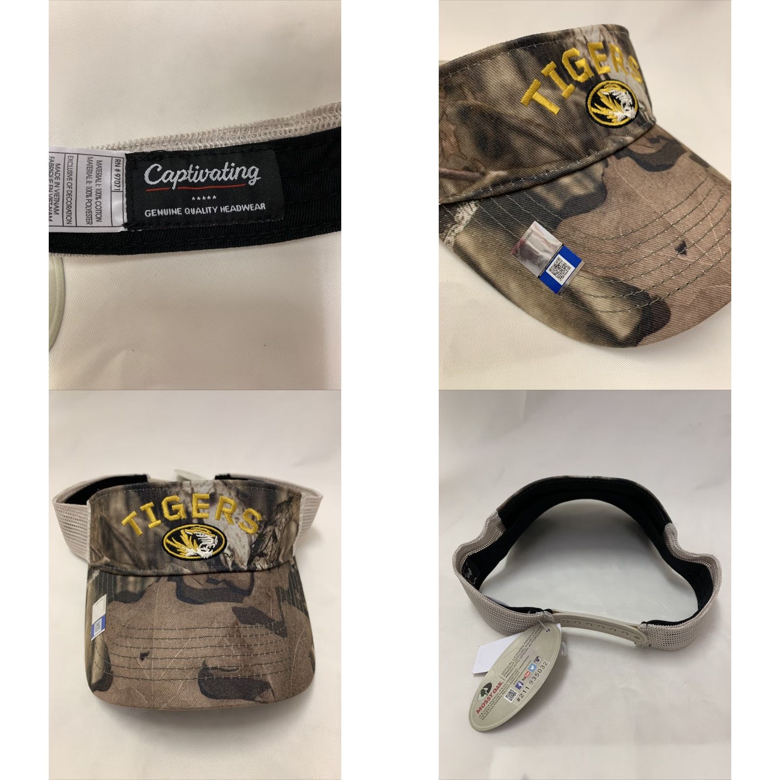 Vintage Missouri Tigers Camo Sun Visor Snap Back Mizzou Brown Cream Yellow Mossy Oak MO Unisex Adults Adjustable Camouflage Visor Cap Size ONE SIZE - 8 Thumbnail