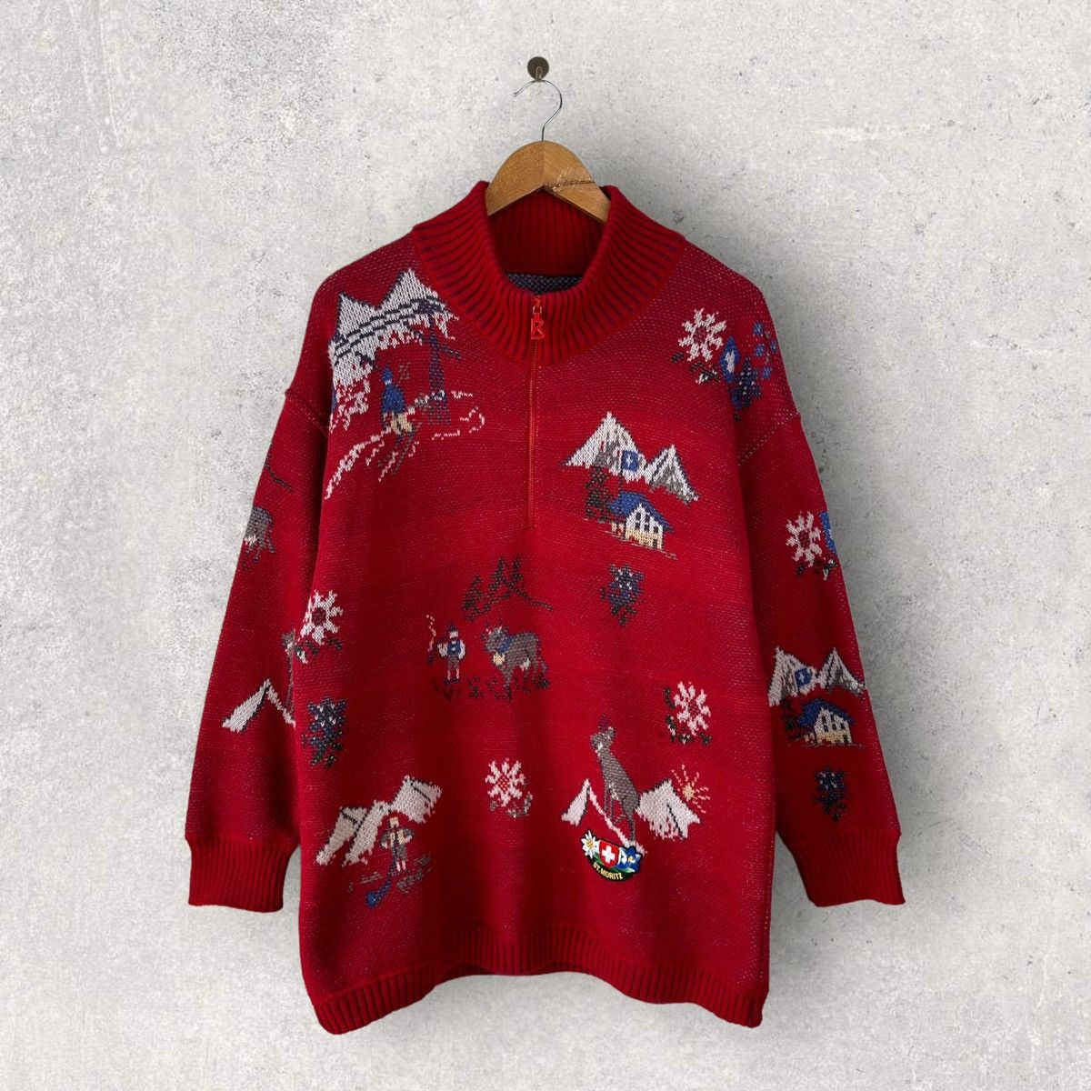 image of Vintage Bogner 1/4 Zip Wool Alpaca Mohair St.moritz Sweater in Red, Men's (Size Medium)