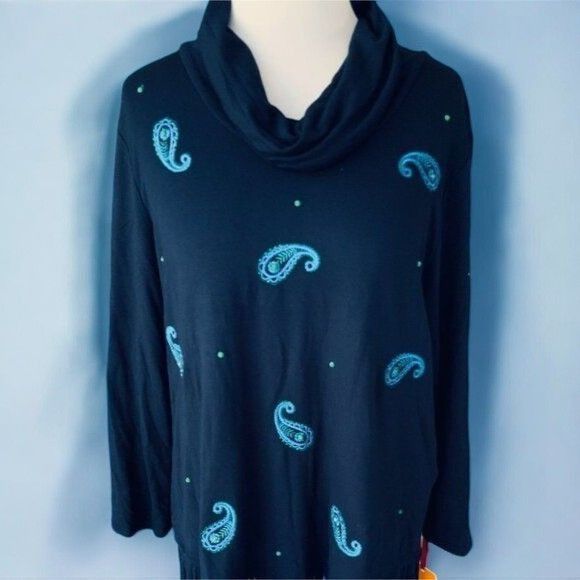 Designer Ruby Rd Navy Blue Paisley Cowl Neck Tunic Fringe Hem NEW L Size L / US 10 / IT 46 - 5 Thumbnail