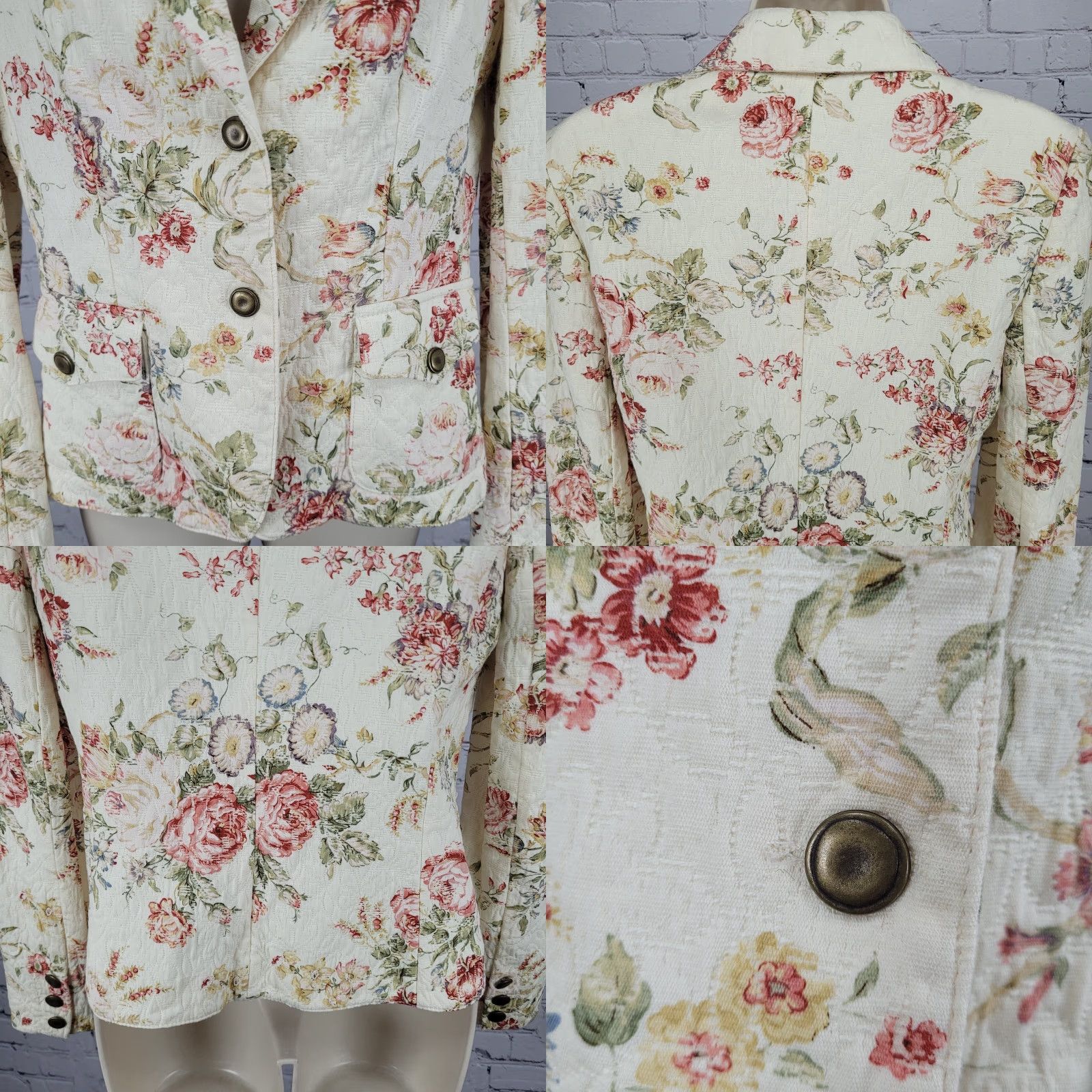 Vintage Daslu Cream Floral 100% Cotton Textured Buttoned Notch Jacket Brazil 40 Size S / US 4 / IT 40 - 8 Thumbnail