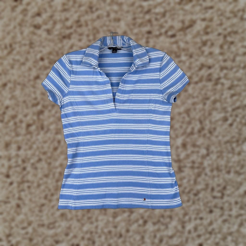 Tommy Hilfiger Tommy Hilfiger Polo Shirt Juniors Medium Blue Stripe Cotton Blend Short Sleeve Size M / US 6-8 / IT 42-44 - 1 Thumbnail