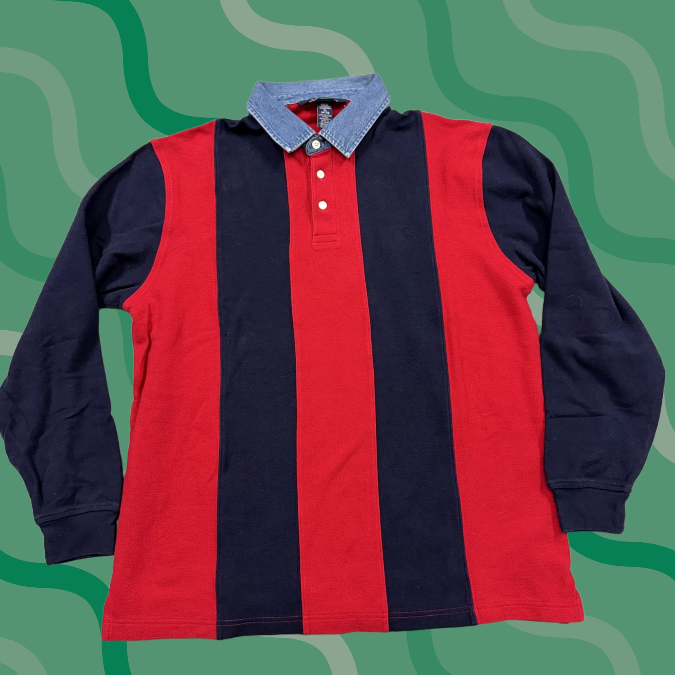 Lands' End Lands' End Polo Shirt Mens XL Red Navy Stripe Denim Collar Vintage Rugby Shirt Long Sleeve Button 100% Cotton Size US XL / EU 56 / 4 - 1 Thumbnail