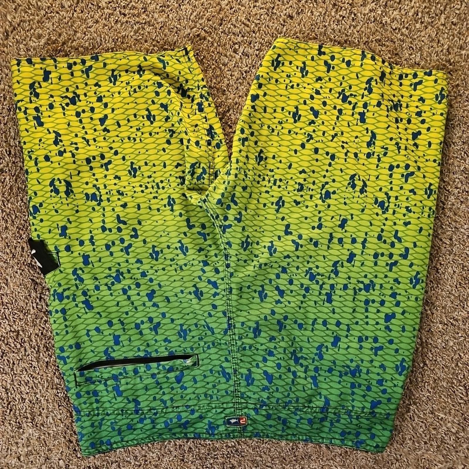 Other Pelagic Board Shorts Mens 32 Green Yellow Mahi Swim Trunks Size US 32 / EU 48 - 6 Thumbnail