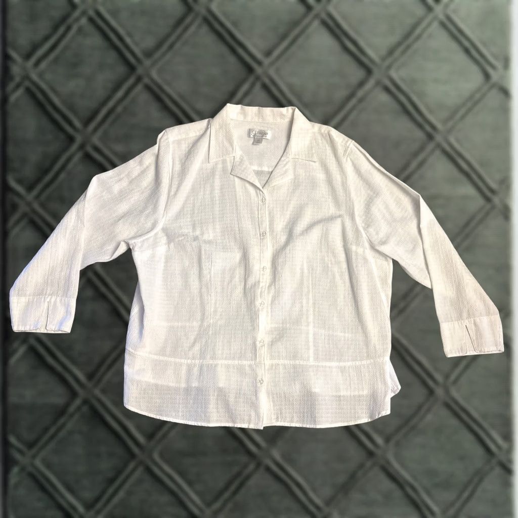 Vintage CJ Banks Blouse Shirt 2X White Button Up Top Textured Print Classic 1852 Women Plus Size Long Sleeve Collared Cotton Blend Buttoned Size XXL / US 16-18 / IT 52-54 - 1 Thumbnail