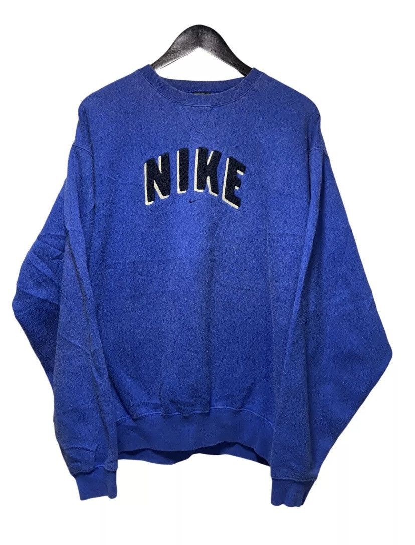 Nike × Vintage VTG Nike Spell Out Sweatshirt Blue Center Swoosh Felt Logo Size US XL / EU 56 / 4 - 1 Thumbnail