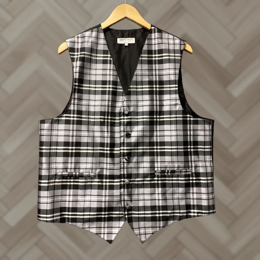 Vintage VINTAGE Vesuvio Napoli Men's Dress Vest Satin Plaid Checkered Microfiber Formal Wedding Prom Cocktails L Gray Size 42R - 1 Thumbnail