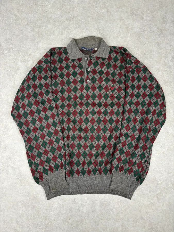 Emporio Armani 1980s Emporio Armani Grey Wool Red & Green Polo Sweater Size US L / EU 52-54 / 3 - 1 Thumbnail