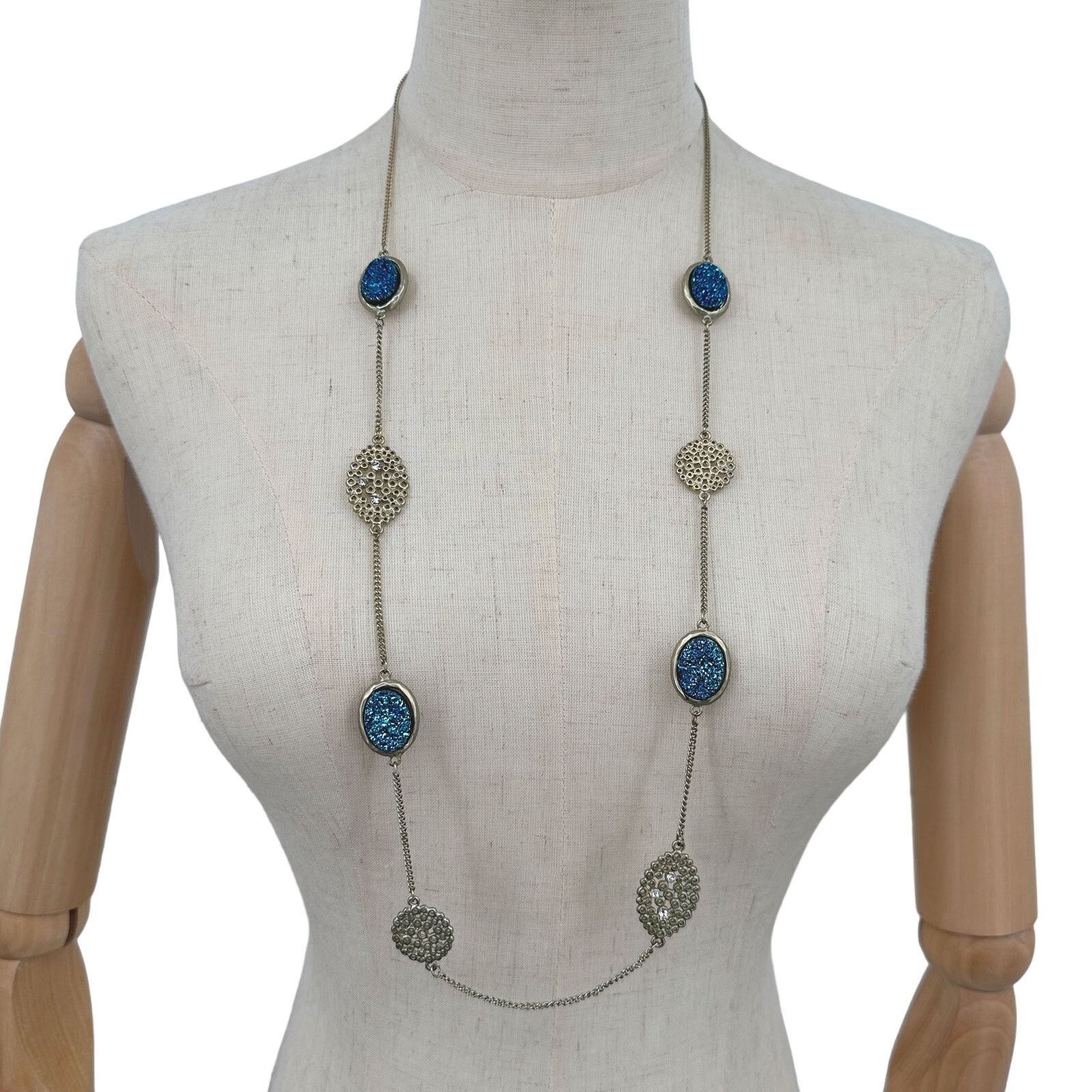 Other Vintage VCLM Necklace Blue Faux Druzy Stations Opera Length Size ONE SIZE - 2 Thumbnail