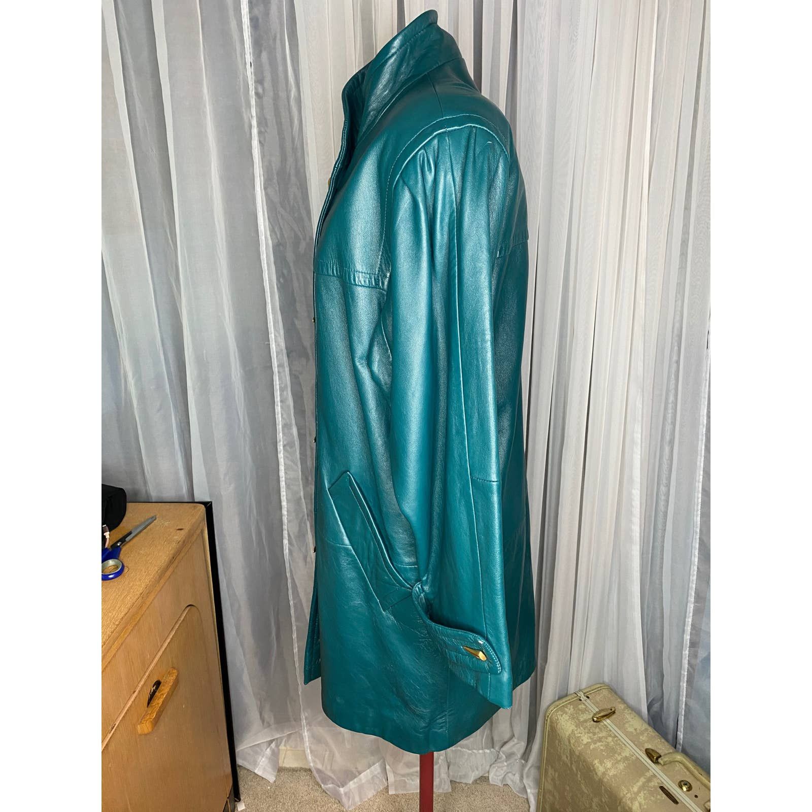 Vintage leather Jacket coat Jaqueline Ferrar teal green blue gold Size US M / EU 48-50 / 2 - 10 Thumbnail