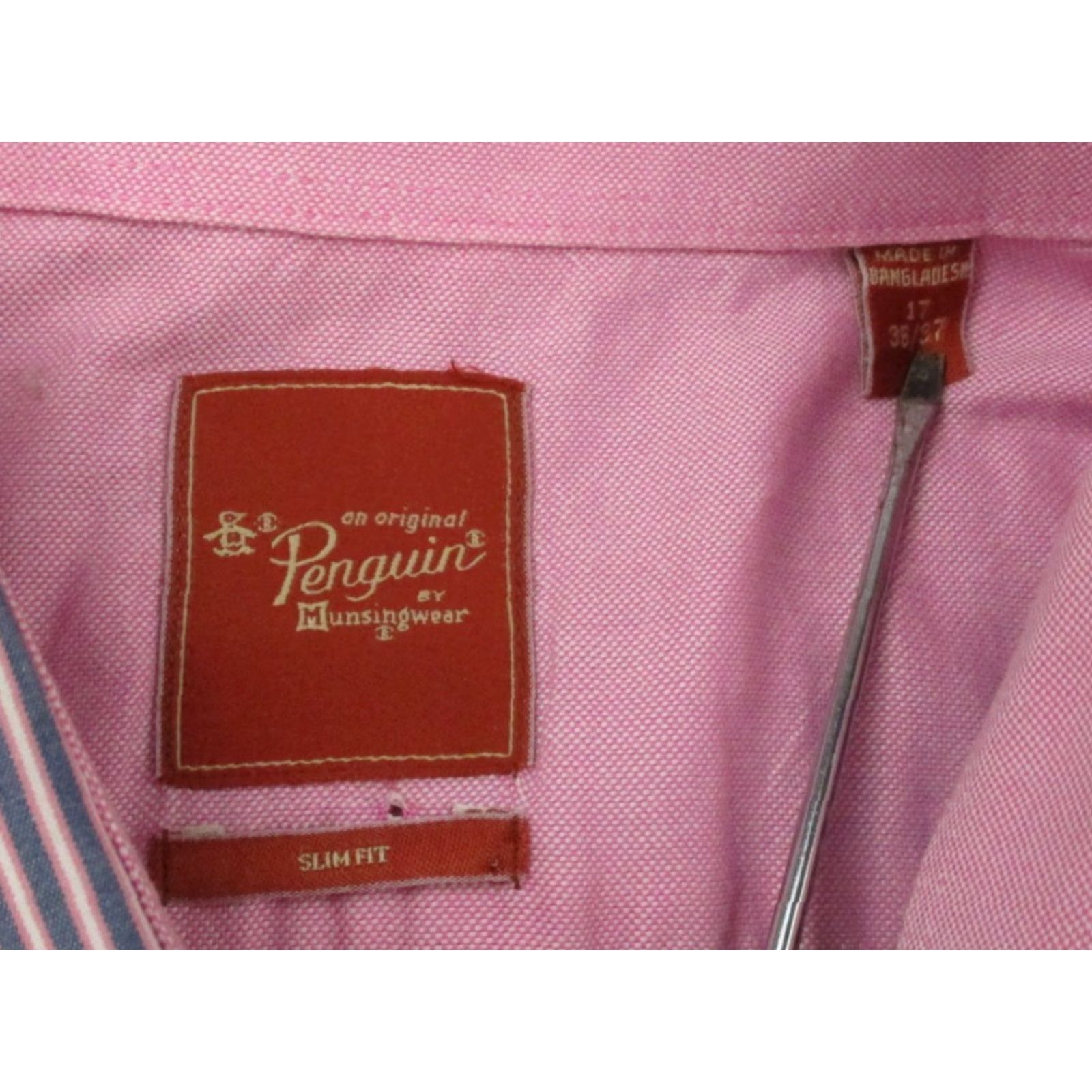 Vintage Penguin Munsingwear Shirt Mens Large Slim Fit Long Sleeve Pink Blue Striped Dress Shirt Size 46R - 5 Thumbnail