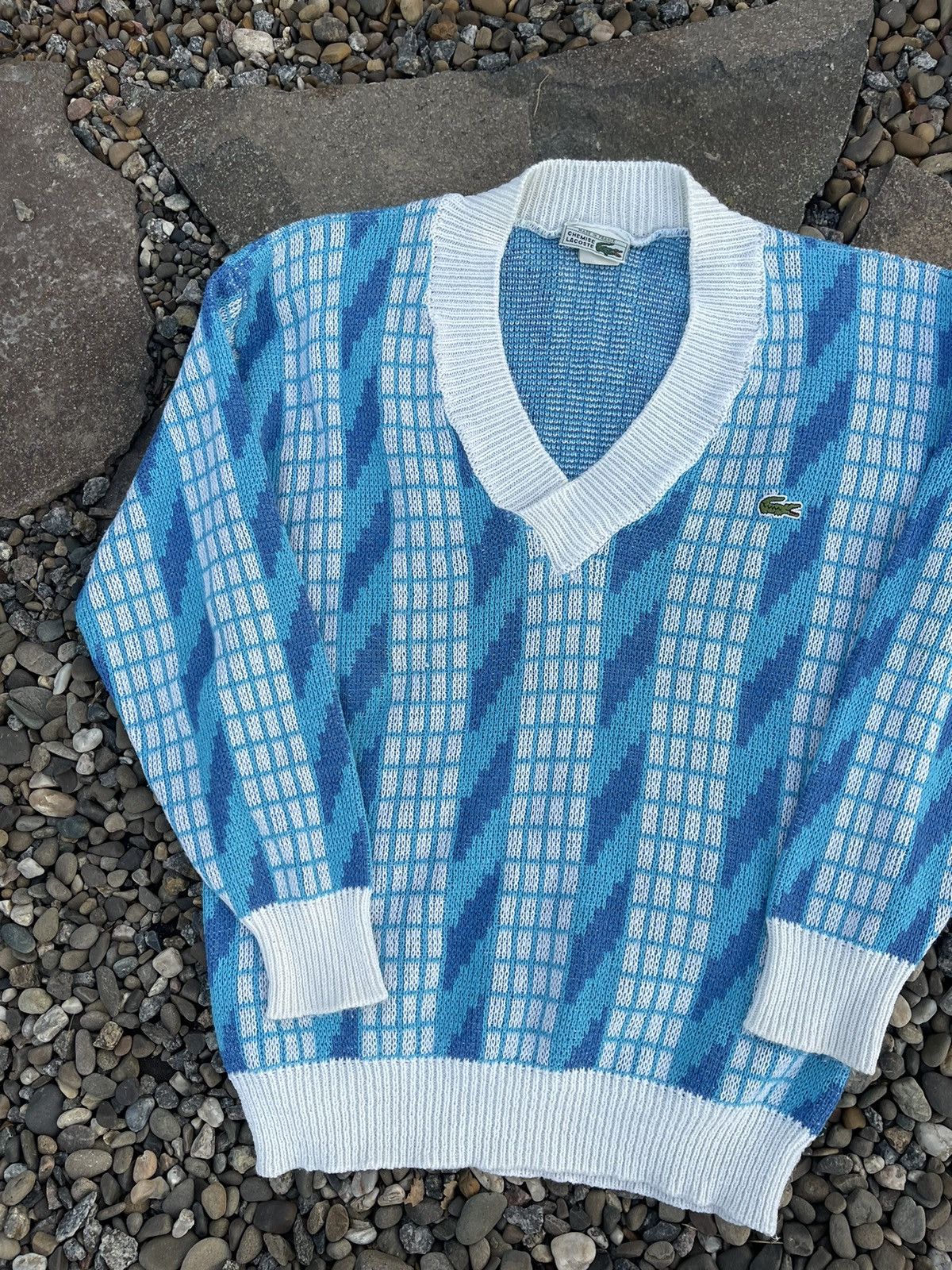80’s Lacoste vintage v-neck coogi style knit sweater blue