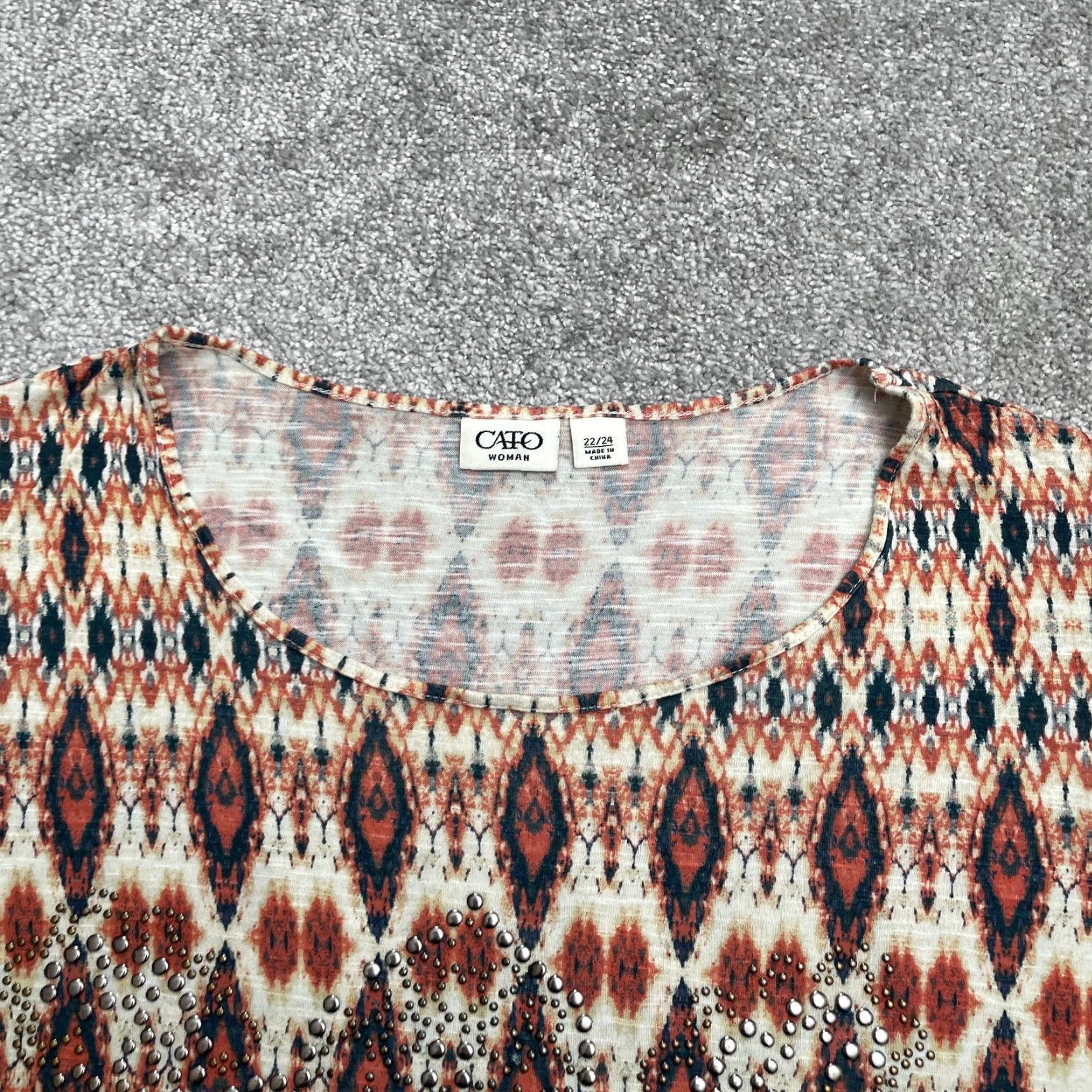 Vintage Cato Blouse Womens 22/24 Brown Geometric Short Sleeve Rayon Casual Aztec Bohemian Designer Knit Size 4XL / US 24-26 - 4 Thumbnail
