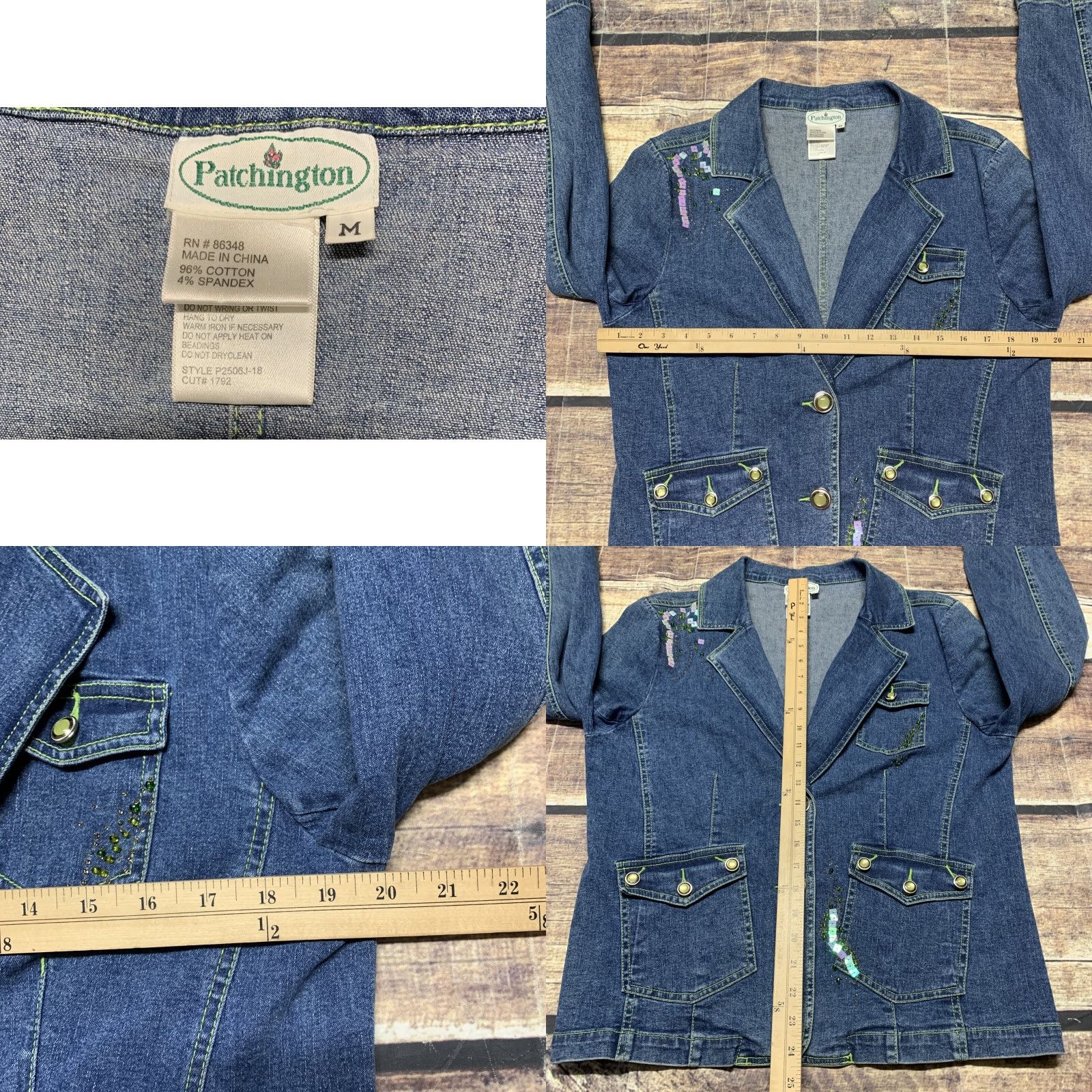 Denime Patchington Denim Jacket Light Weight Gemmed Buttons Mint Green Stitching Medium Jacket Women M Blue Denim New Kangaroo Pocket Hand Wash Only Size M / US 6-8 / IT 42-44 - 8 Thumbnail