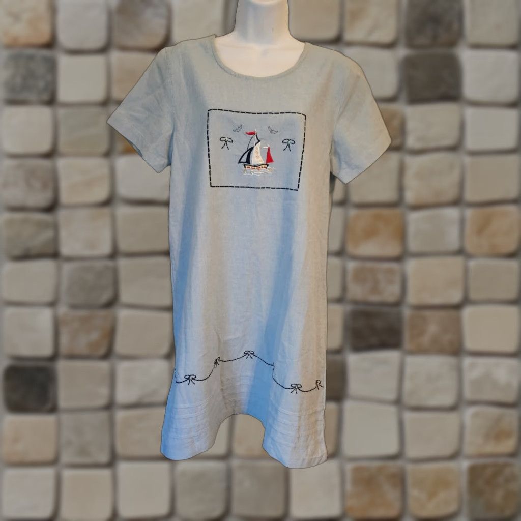 Vintage VINTAGE Jane Ashley Light Blue Boat Embroidered Shift Dress Petite M Blues Cotton 1990s Shift Womens Size M / US 6-8 / IT 42-44 - 1 Thumbnail