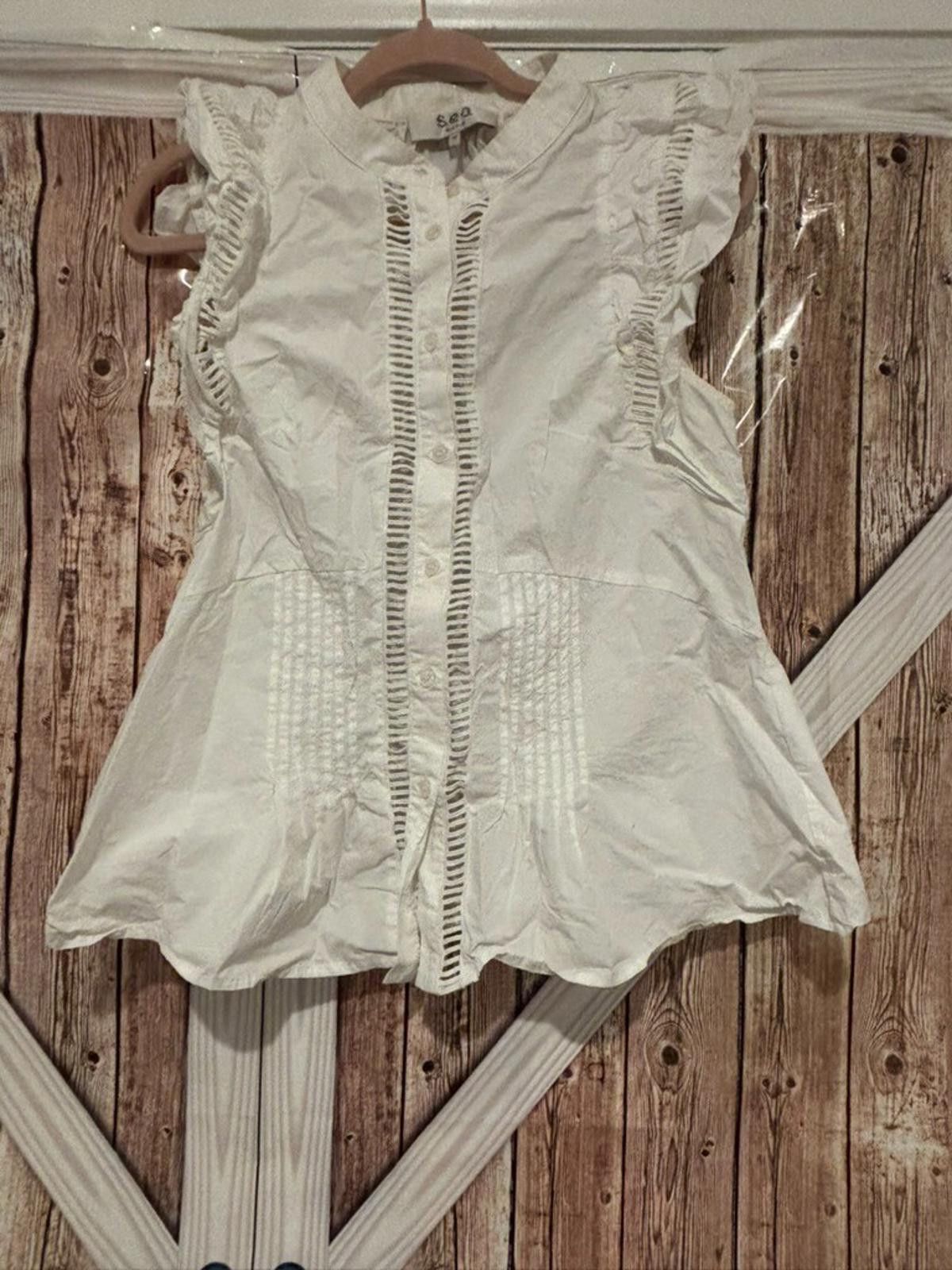 Designer Womens Sea New York cotton white cap sleeve top sz 10 #317 Size L / US 10 / IT 46 - 1 Thumbnail
