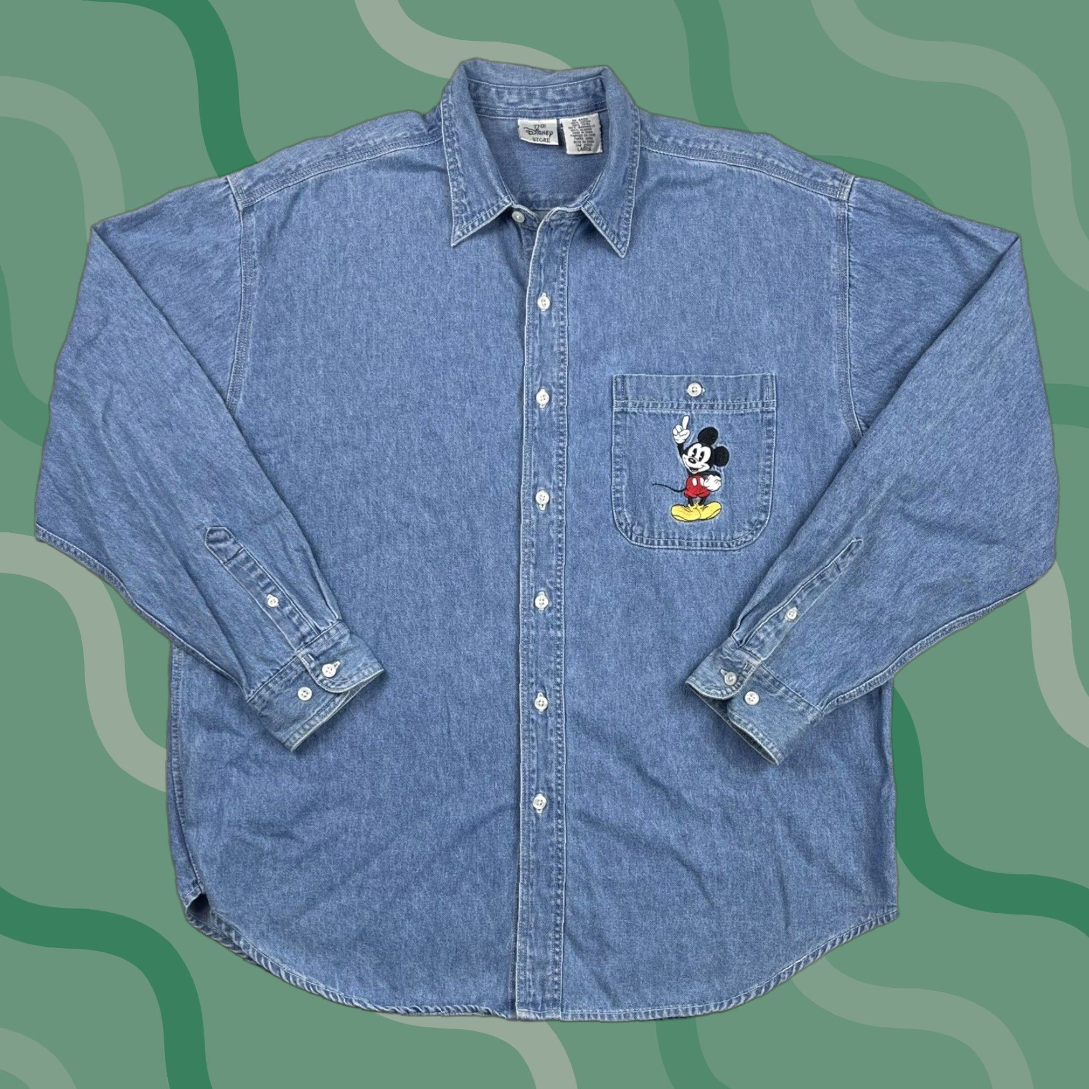 Disney VINTAGE Mickey Inc Shirt Denim 90s Button-Up Adult L Short Sleeve Blue Embroidered Mickey Pocket Size US L / EU 52-54 / 3 - 1 Thumbnail