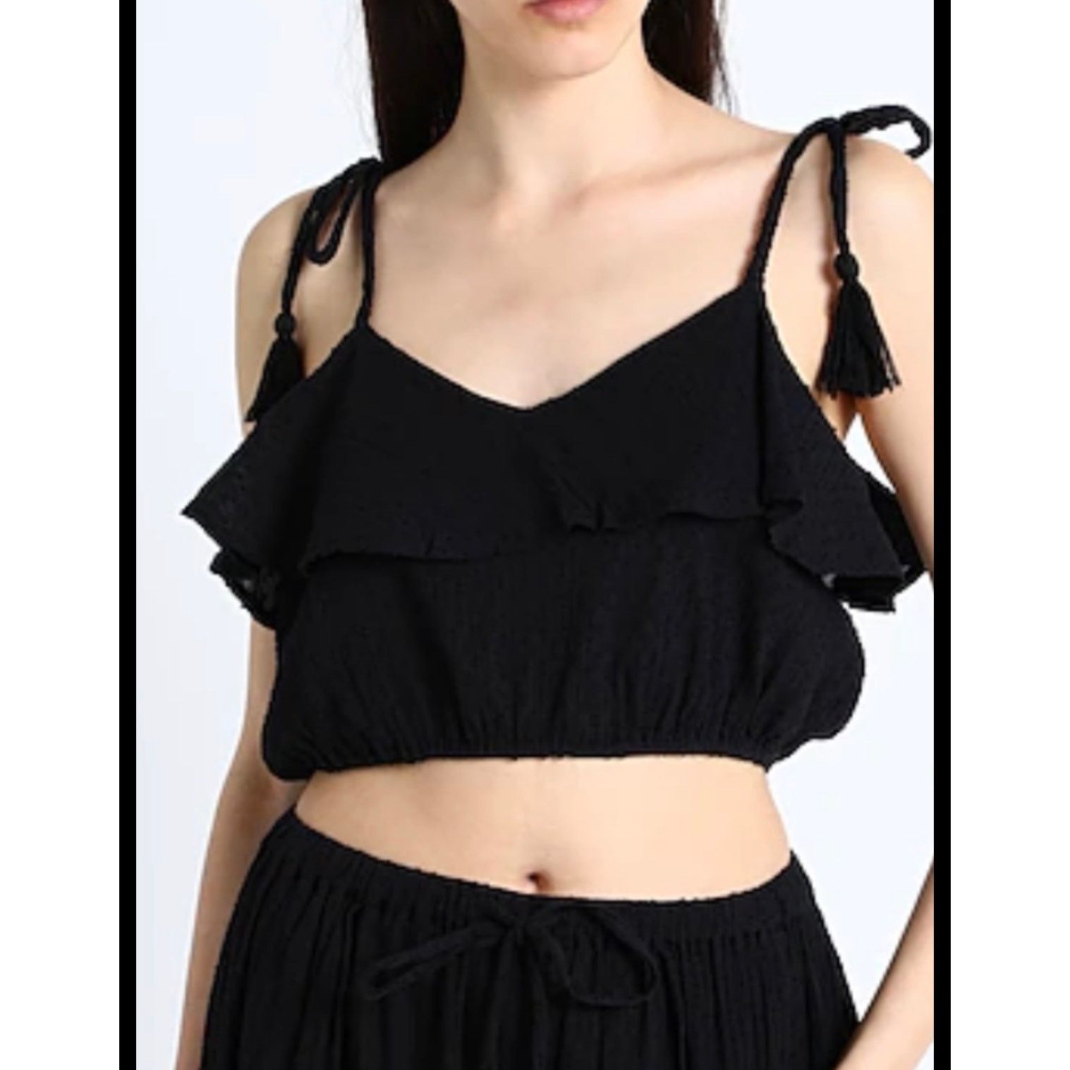 Topshop Topshop Women's Black Ruched Crop Top Tassel Tie Straps 12 Size XL / US 12-14 / IT 48-50 - 1 Thumbnail