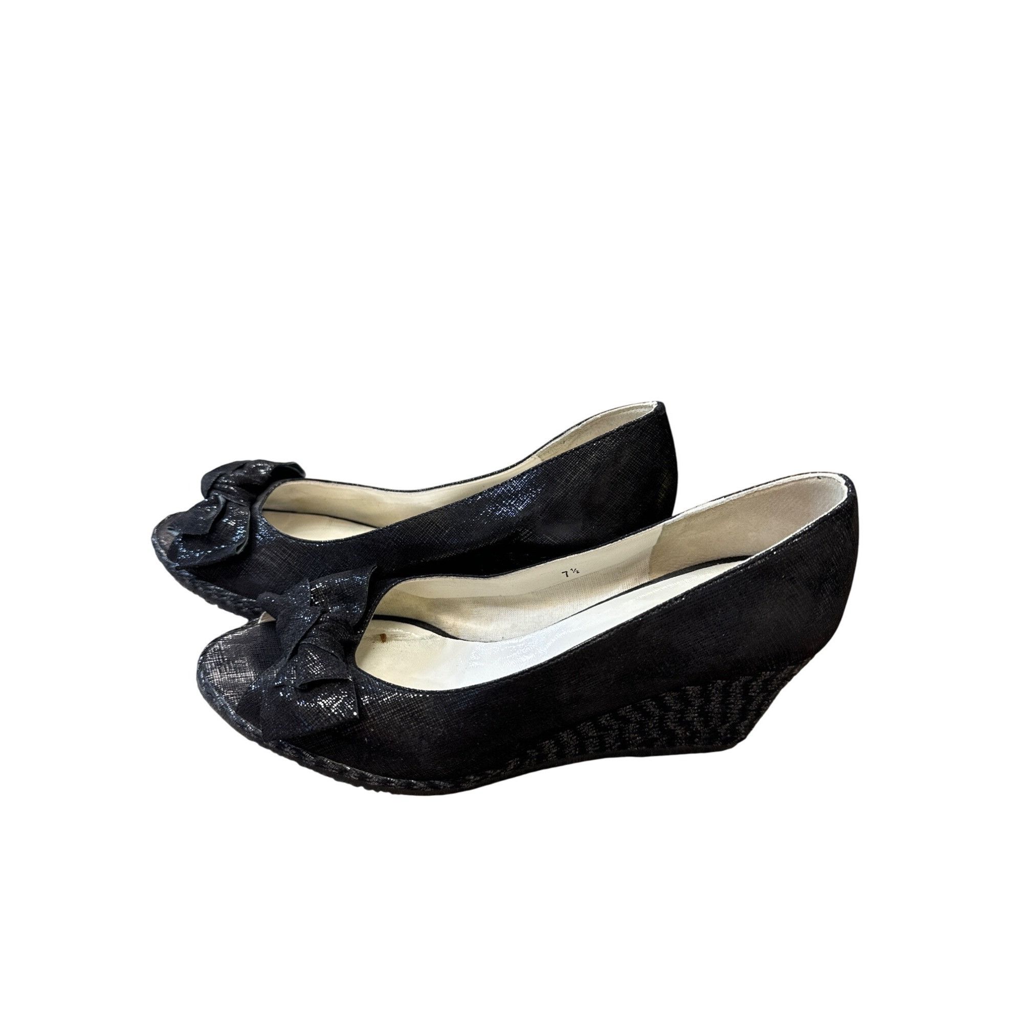 Designer J. Peterson Womens Black Leather Peep-Toe Wedge Heels Size 7 Size US 7.5 / IT 37.5 - 3 Thumbnail