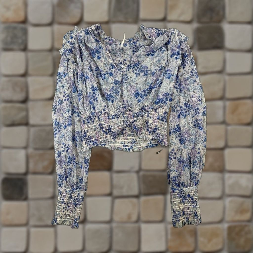 Free People Free People Shirt XS Womens Blue Floral Blouse V-Neck Cropped Bohemian Casual Lightweight Relaxed Linen Rayon Blouse - N/A Size XS / US 0-2 / IT 36-38 - 1 Thumbnail