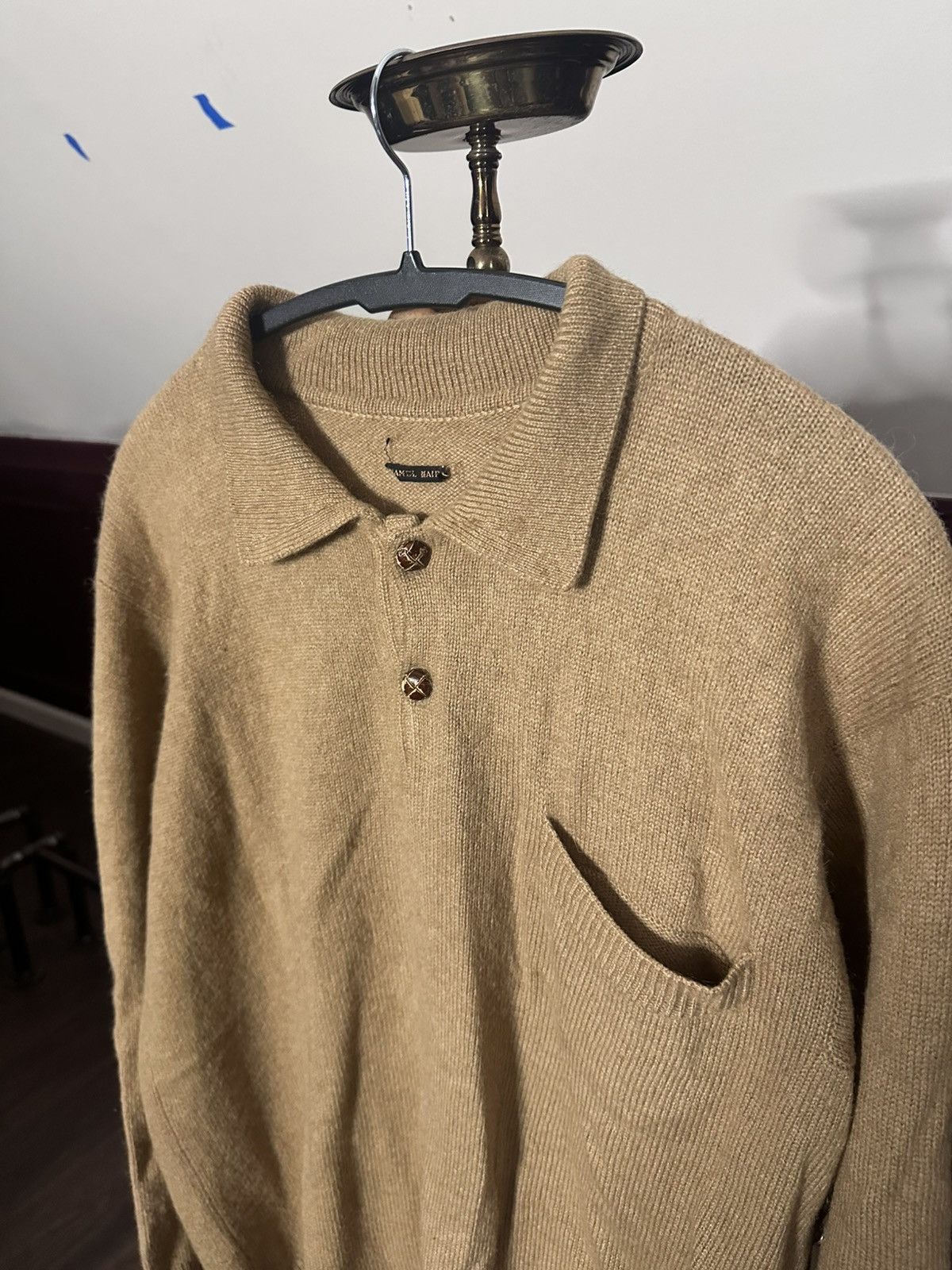 Other HERMES (?) camel/alpaca elbow patch polo sweater beige knit Size US L / EU 52-54 / 3 - 2 Thumbnail