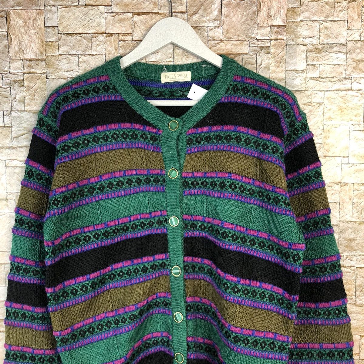 Japanese Brand Palls Pyra vintage japan Green Patterned Cardigan #A1095 Size US M / EU 48-50 / 2 - 5 Thumbnail