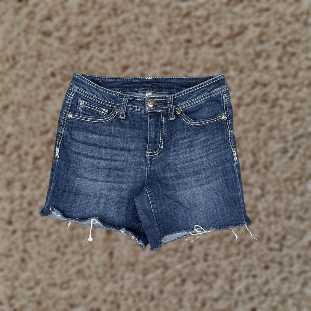 Vintage Seven7 Shorts Womens 4 Blue Denim Cutoff Frayed Hem Embroidered Stretch Pockets Size 27" / US 4 / IT 40 - 1 Thumbnail