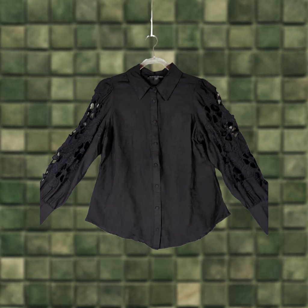 Boston Proper Boston Proper Blouse Shirt Black Linen Blend Inset Drama Sleeve Medium M Women Regular Vintage No Size M / US 6-8 / IT 42-44 - 1 Thumbnail